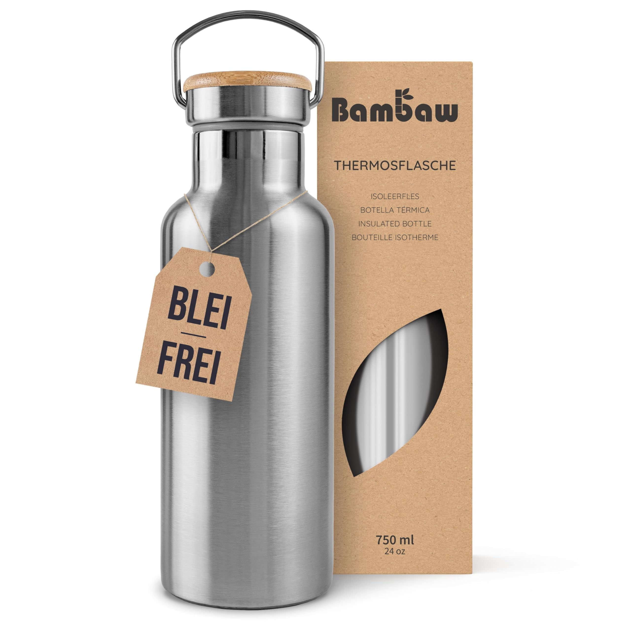 Bambaw Thermosflasche 750ml Edelstahl, Trinkflasche Metall, Wasserflasche 750ml, Thermoflasche, Doppelwandig, Auslaufsicher, Passend für Teefilter, Hält 24h Kalt & 12h Heiß (Silber)