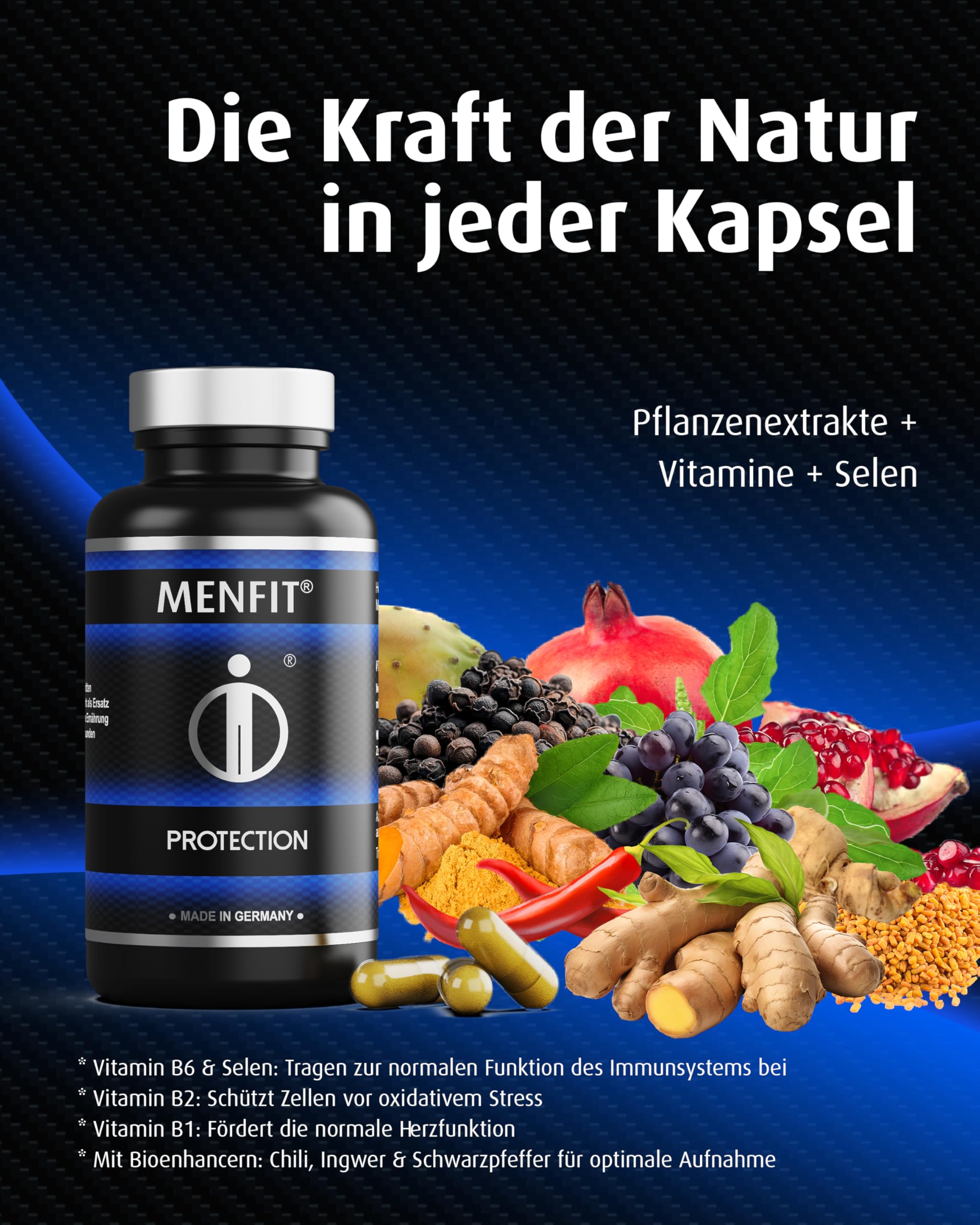 Protection – Für innere Balance, Vitalität & mit Antioxidantien – Mit Kurkuma, Ginseng, Traubenkern, Selen & B-Vitaminen – Vegan – Made in Germany – 60 Kapseln