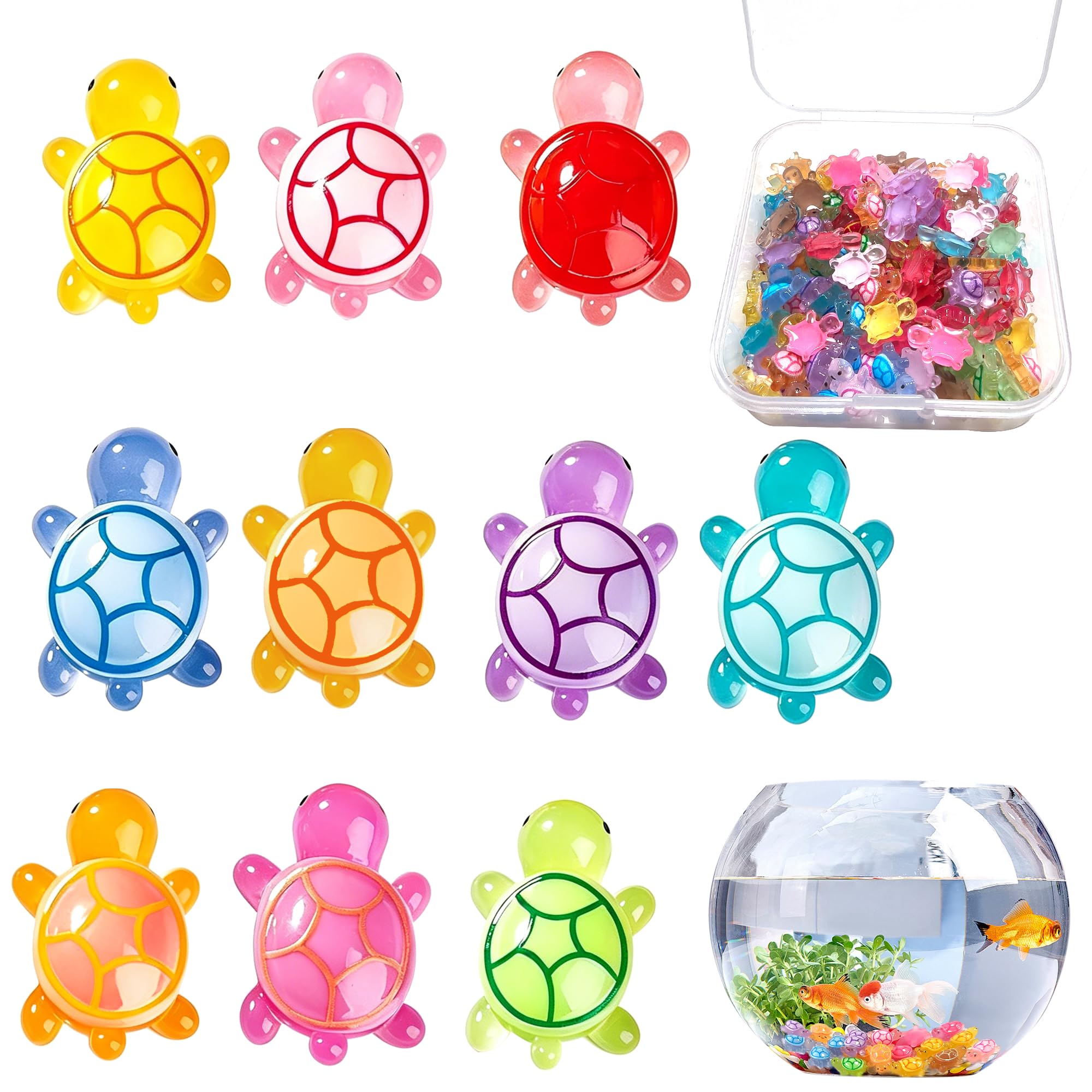 110 Stück Leuchtende Mini Schildkröten Figuren Set, Miniatur Zubehör für Bastel Deko, Schildkröten Deko für Miniteich und Miniaturlandschaft, Kleine Figuren mit Aufbewahrungsbox