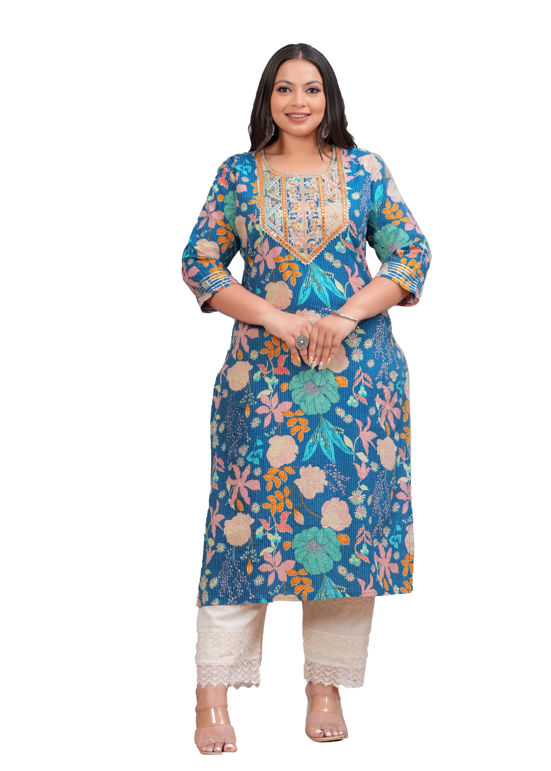 Plus Size Women Kantha Work Printed Pure Cotton Straight Kurta (Black)-image-11