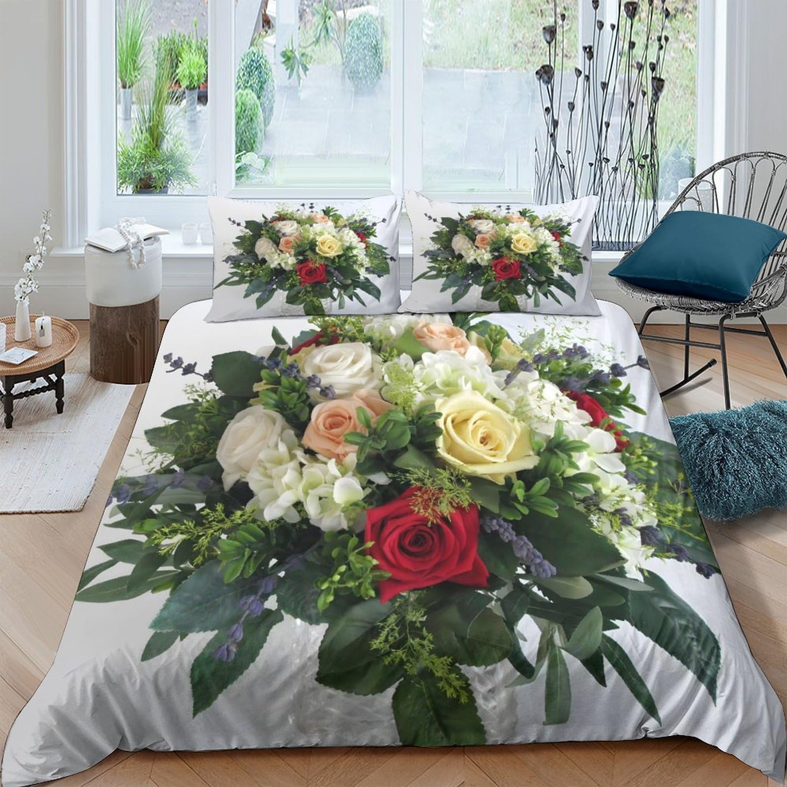 Ctjqhvkz Style-7 3D Printed Floral Bouquet Fitted Sheet Microfiber Red White Rose Bed Cover For Bedroom Guest Room Decor Easy Care Single（135X200cm）