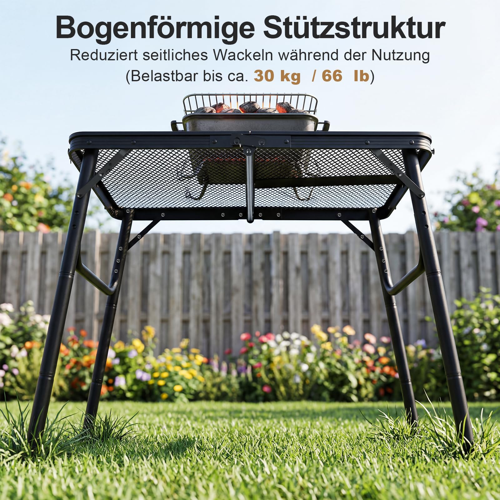 Campingtisch klappbar 60 x 40 cm, Grilltisch klappbar höhenverstellbar 26/47/65 cm, leichter Metalltisch 2,4 kg mit Gitterplatte, Camping Tisch bis 30 kg für BBQ, Picknick, Garten, Balkon