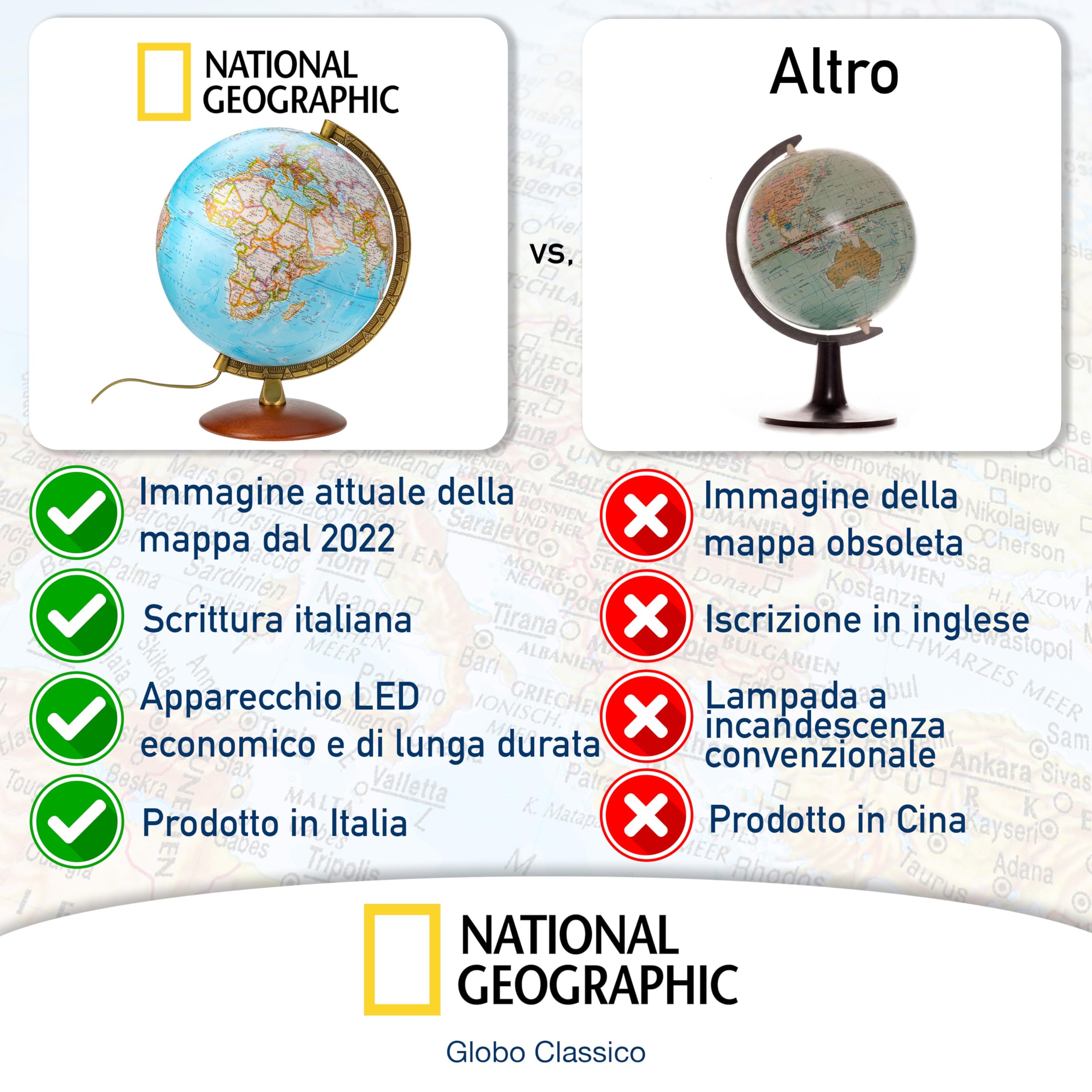 National Geographic - Mappamondo illuminato in stile Classico -30 cm con base stabile e meridiano in metallo, immagine della mappa 2022 fisica/politica con luce LED, immagine della mappa italiana