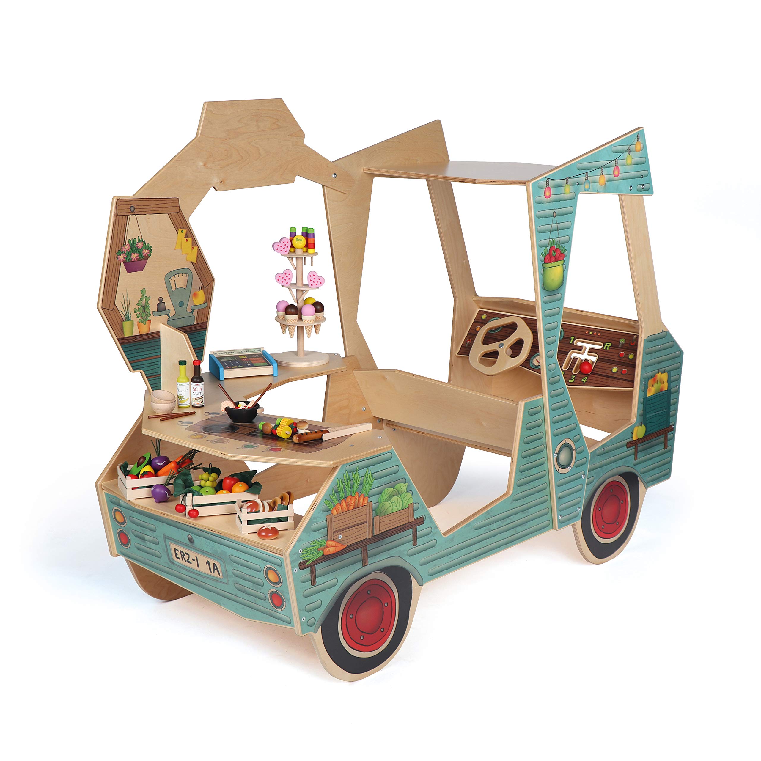 Erzi 10046 Foodtruck aus Holz, Kaufladenspielzeug für Kinder | Kaufmannsladen, Rollenspiele, Kreative Spielwelten gestalten