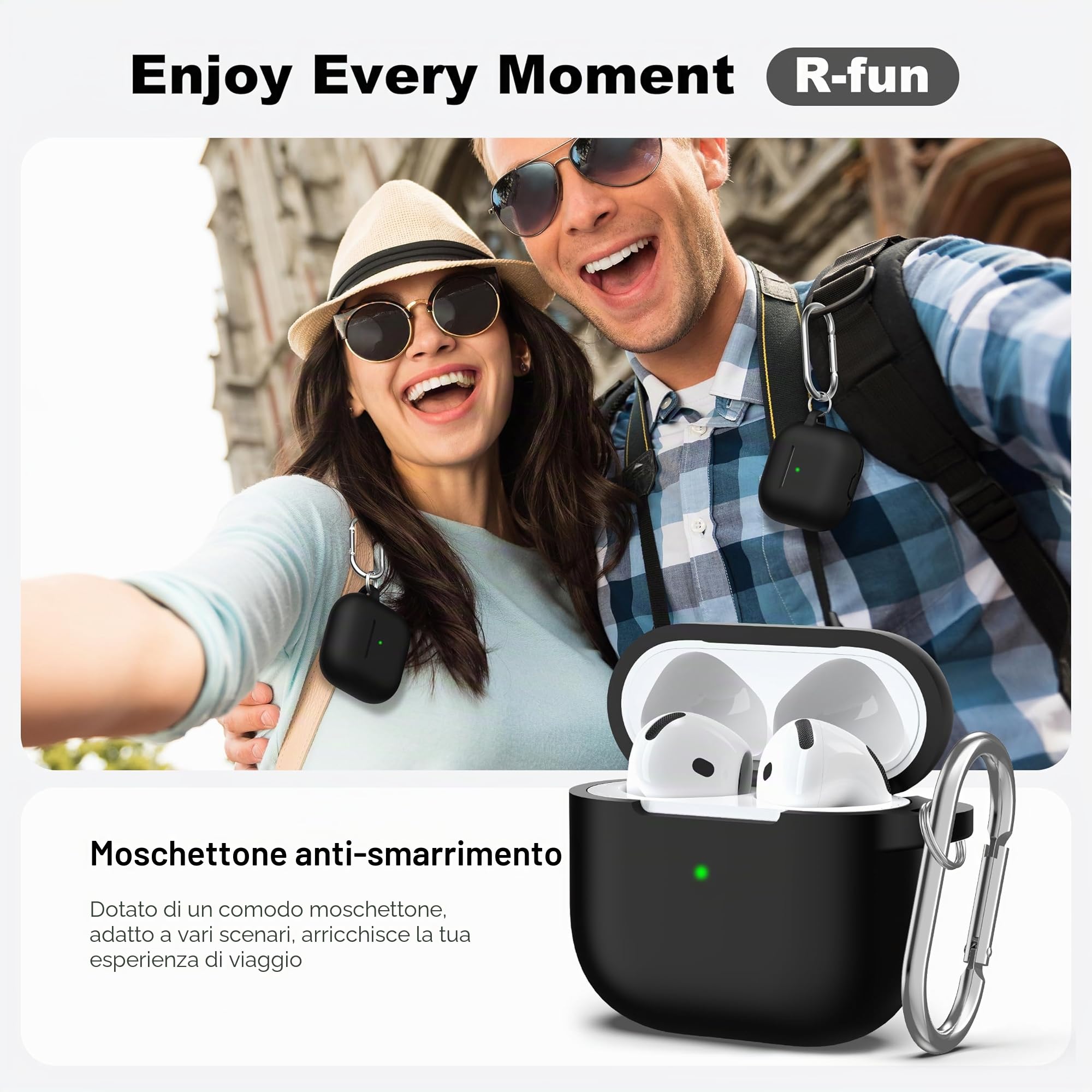 R-fun Custodia per Airpods 4, custodia morbida in silicone con portachiavi, copertura protettiva completa compatibile con Airpods 4th di Apple, Nero