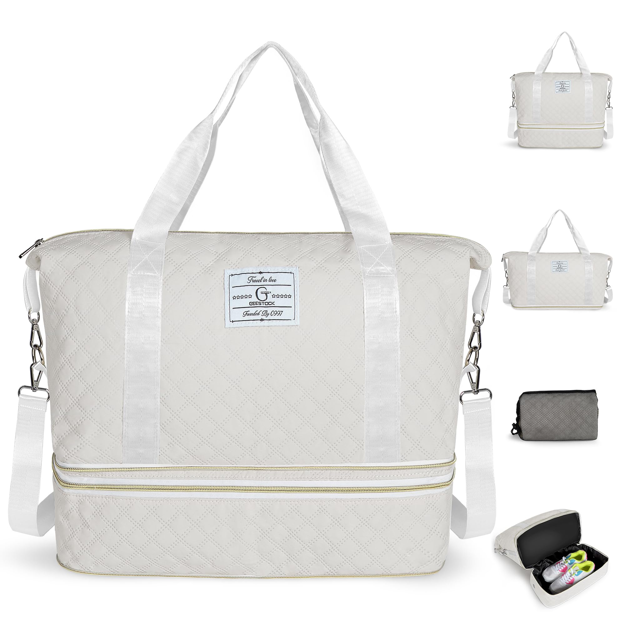 Geestock Weekender Reisetasche Damen, Travel Duffle Bag Reisetaschen mit Schuhfach, Sporttasche Gym Yoga Bag, Handgepäck Tasche für Sport Reise Flugzeug, Beige