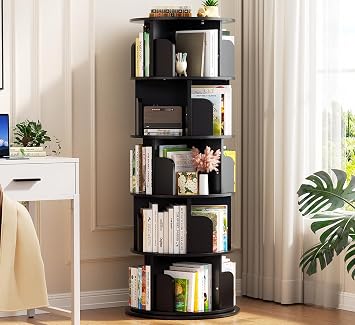 Aheaplus 5 Tier Wood Rotating Bookshelf, 360 Spinning Book Shelf Tower