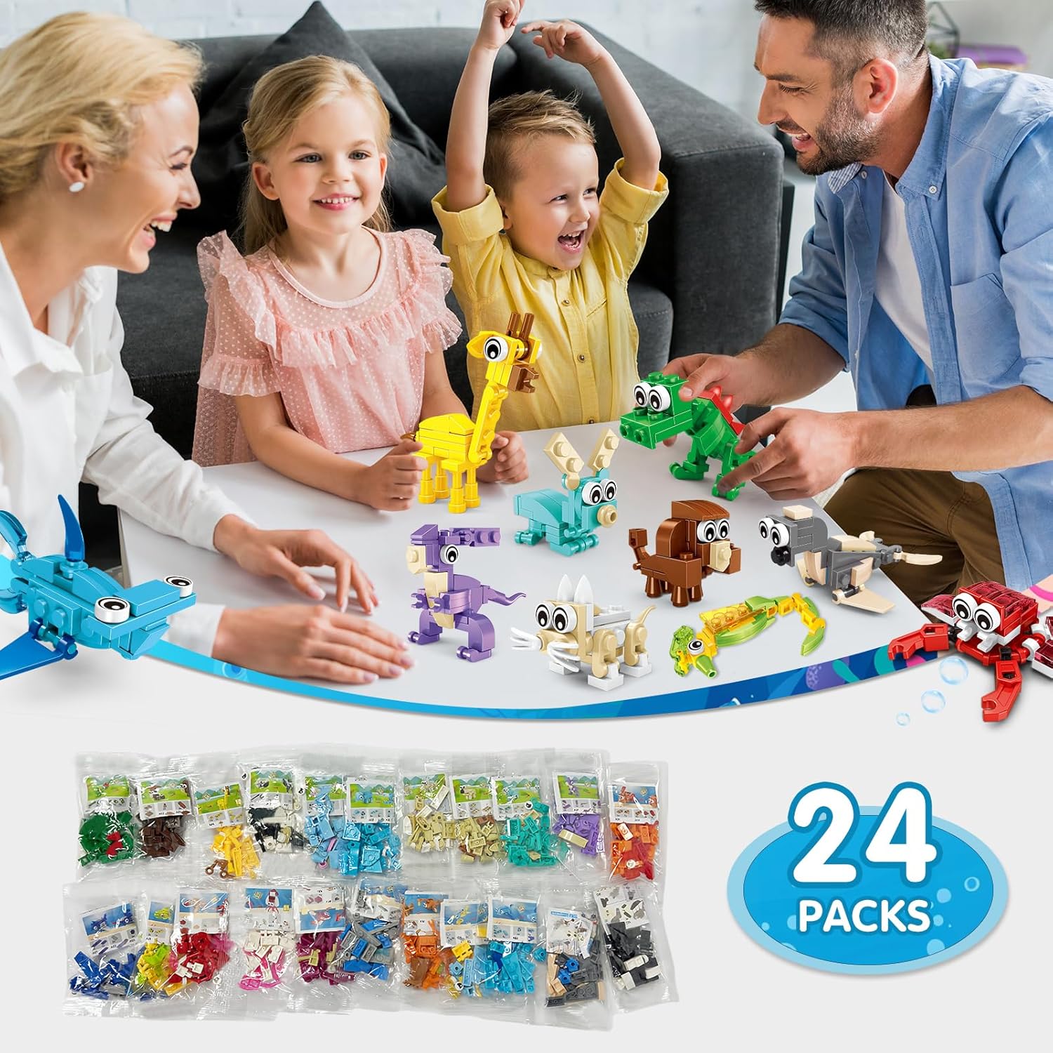 IMCUAMK 24 Pcs Animal Building Sets 24 Packs Valentines Party Favors For Kids, 72 Kinds of Transformable Building Block Toy, Goodie Bag Stuffers, Classroom Student Prizes Birthday Gifts for Kid Age 6+