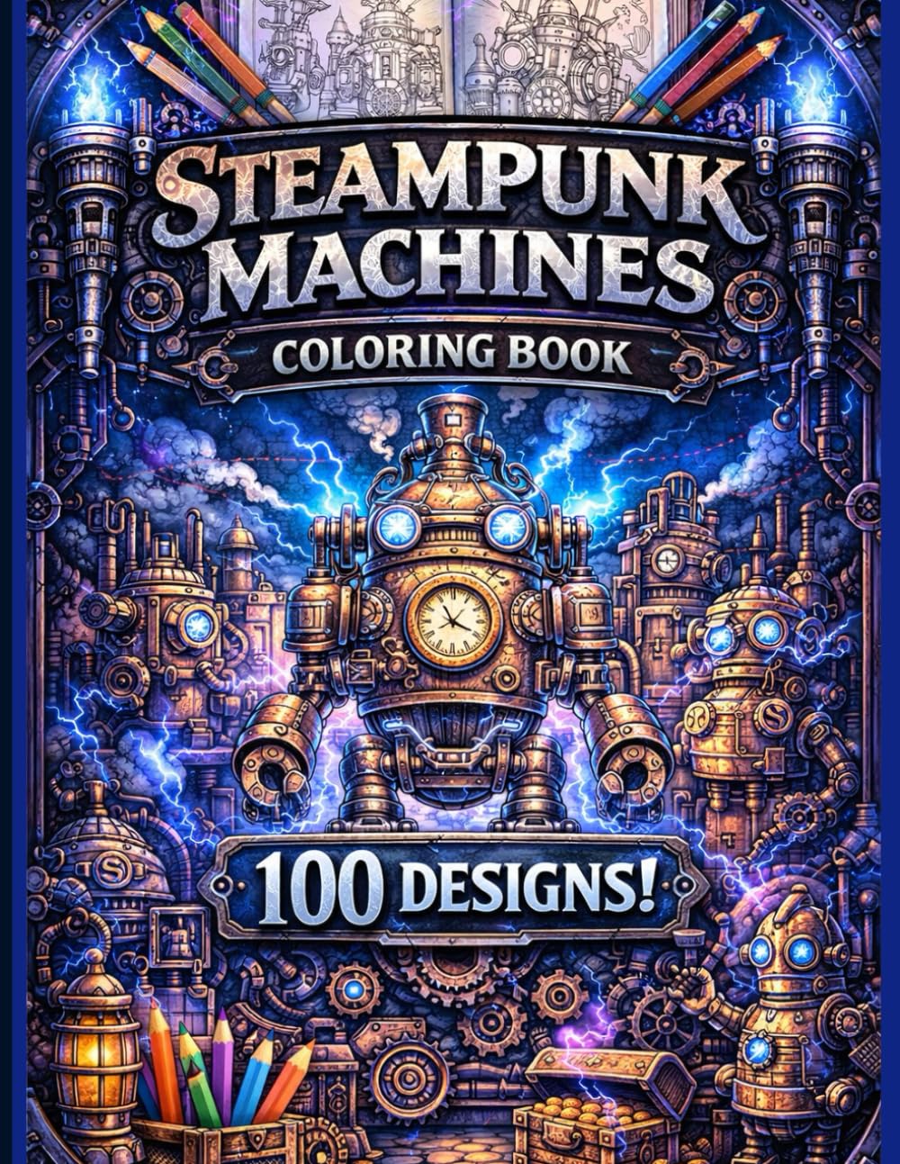 Steampunk Machines Coloring Book: 100 Industrial Fantasy Designs Featuring Gears, Engines & Retro-Futuristic Machines for Relaxation and Stress Relief
