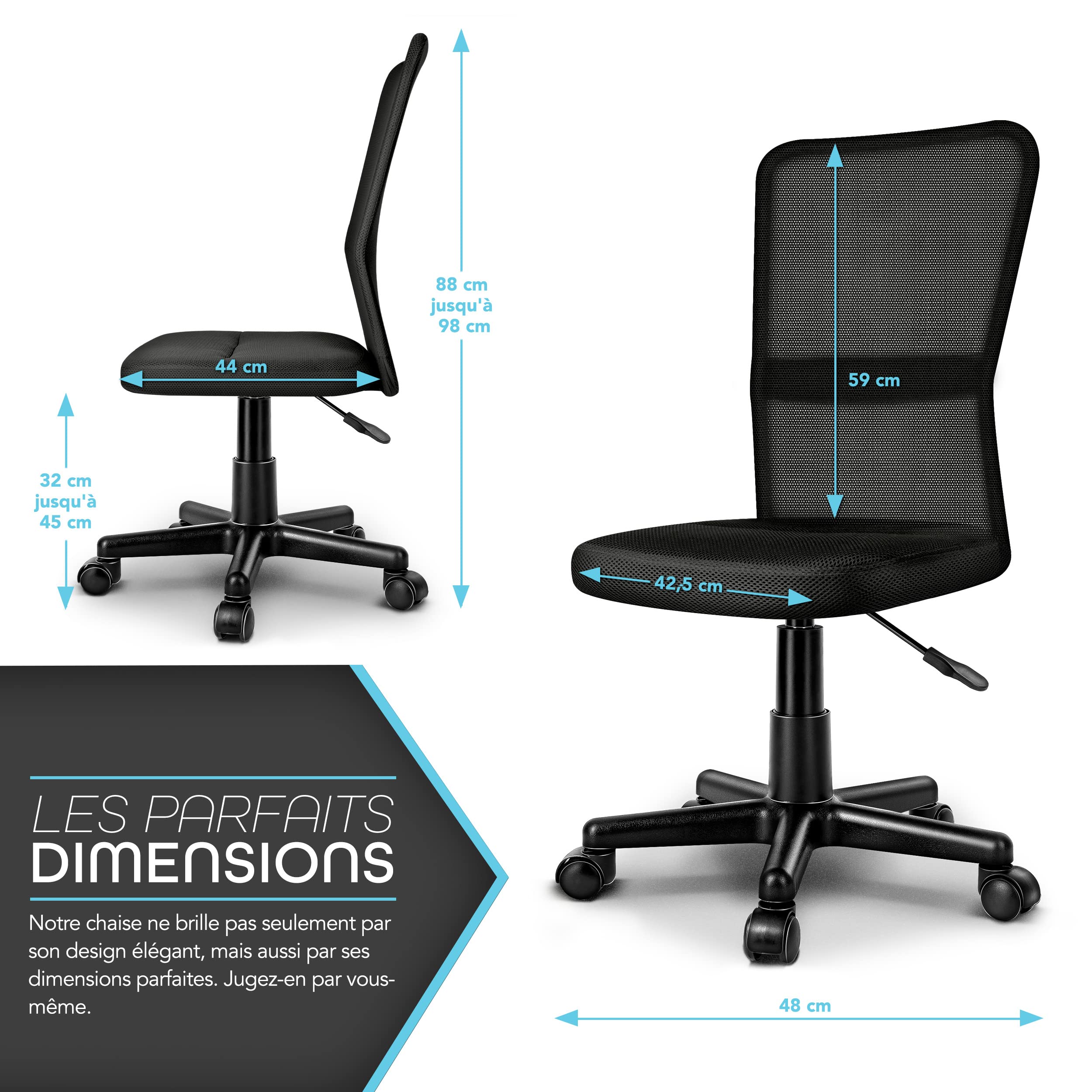 TRESKO® Chaise Fauteuil siège de Bureau Ergonomique, de 7 Couleurs différentes, Lift SGS contrôlé (Noir, sans accoudoirs)