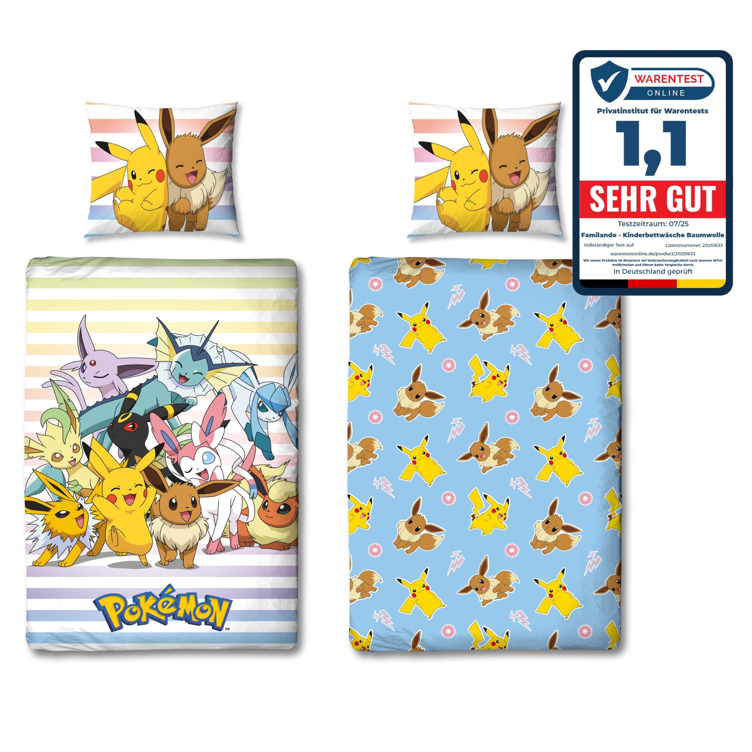 Familando – Pokémon Bettwäsche Set (2-teilig) – Decken- & Kissenbezug 135x200 cm & 80x80 cm mit Reißverschluss – Wendemotiv mit Pikachu & Evoli – 100% Baumwolle – Farbecht & pflegeleicht - Öko-Tex