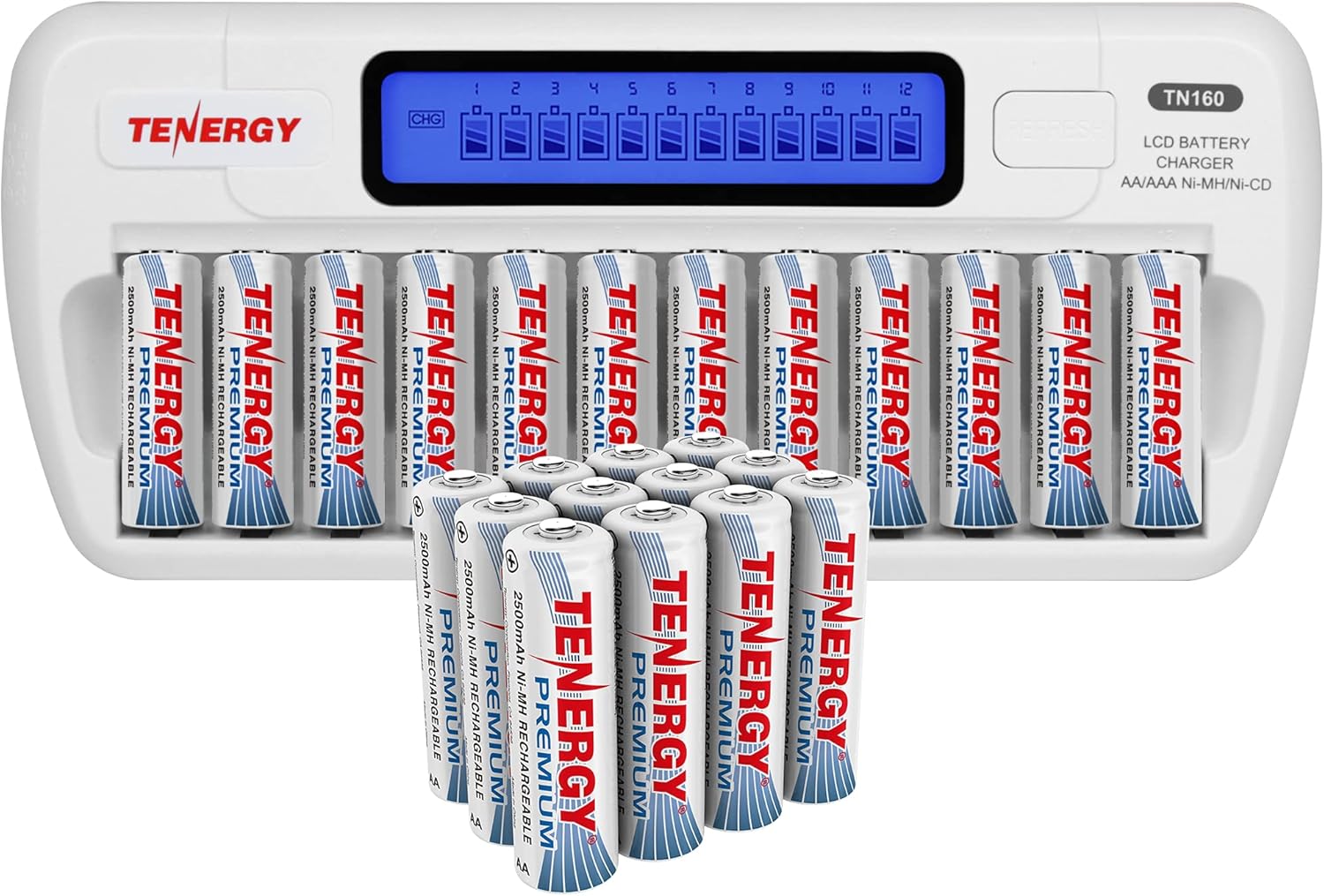 Tenergy TN160 12 Bay AA/AAA NiMH/NiCD LCD Charger and 24 Pack AA Premium NiMH Rechargeable Batteries