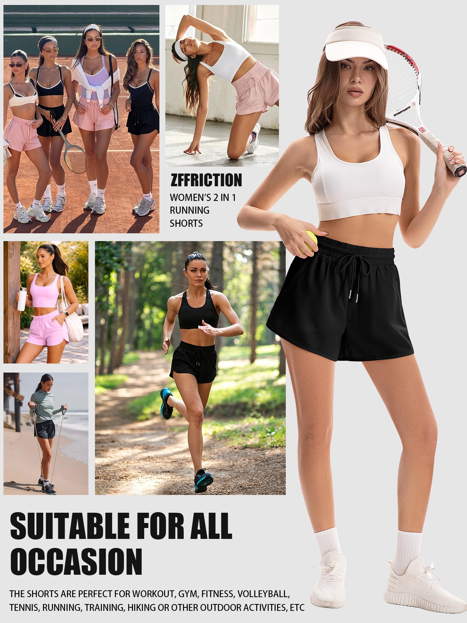 Sporthose Damen Kurz 2 in 1 Laufshorts High Waist mit 2 Reißverschlusstaschen Sommer Trainingshose Sportshorts Fitness Gym Yoga