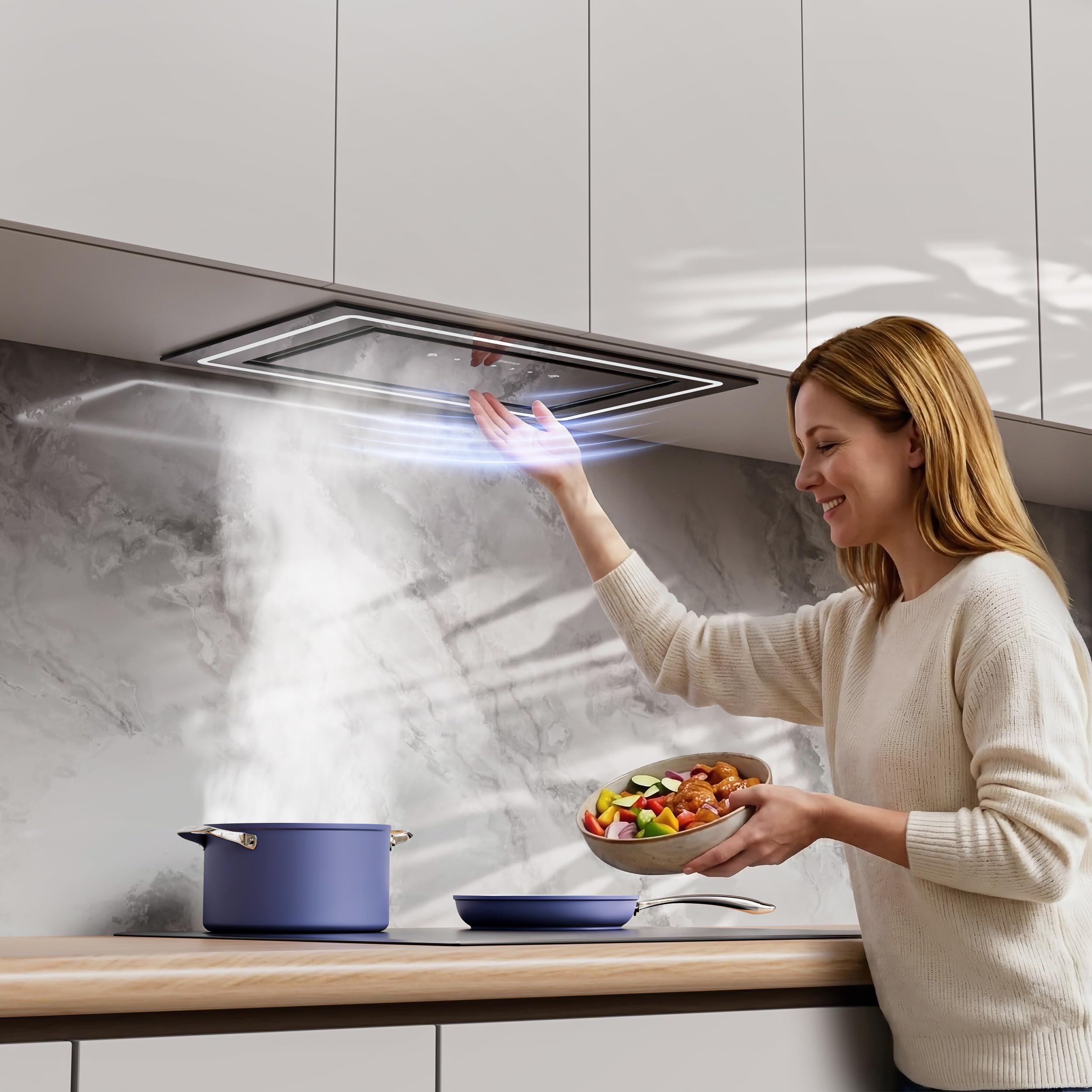 CIARRA CBCB5931C Einbau Dunstabzugshaube 52 cm Lüfterbaustein 460 m³/h mit Handbewegung Sensor Touch-Bedienung CBCF055 Aktivkohlefilter Integrierte Abluft Umluft Abzugshaube 3 Leistungsstufen Schwarz