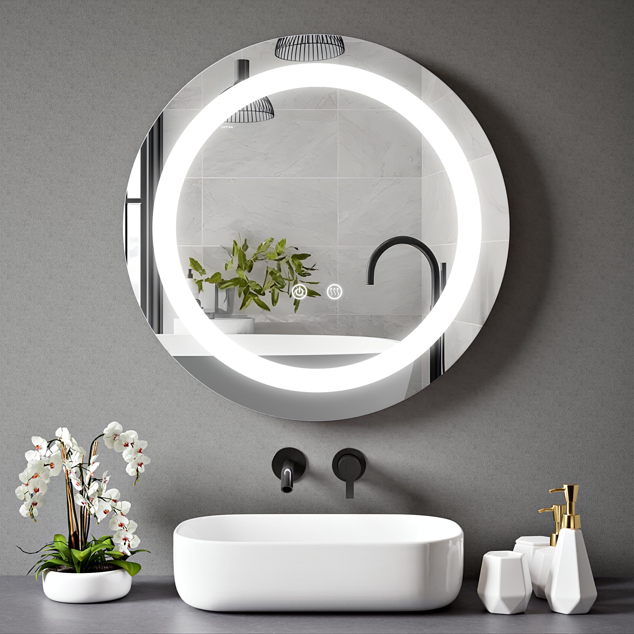 Belofay Lucy 600Mm Round Led Bathroom Mirror, Illuminated Bathroom Toughened Mirror With Led Lights, Dimmable, Anti-Fog, Shatter-Proof, Tempered Wall Mirrors, With Demister Pad (, 600Mm)