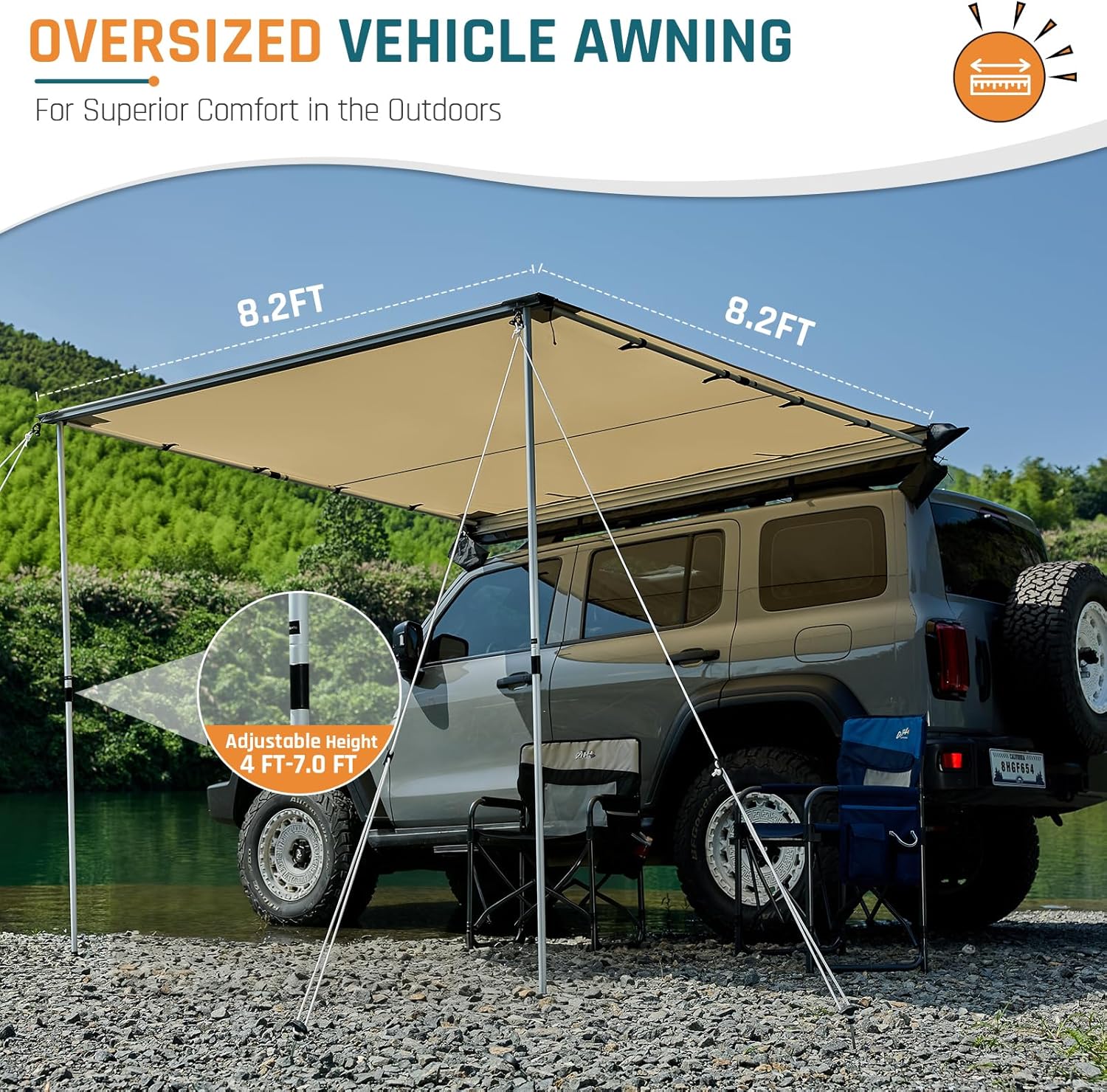 Vehicle Awning 8.2'×8.2' Roof Rack Pull-Out Sun Shade with UV Protection and Waterproof PU1000mm, Retractable Easy Up Camper Awning, Jeep/SUV/Truck/Van/RV Awning for Camping and Overland