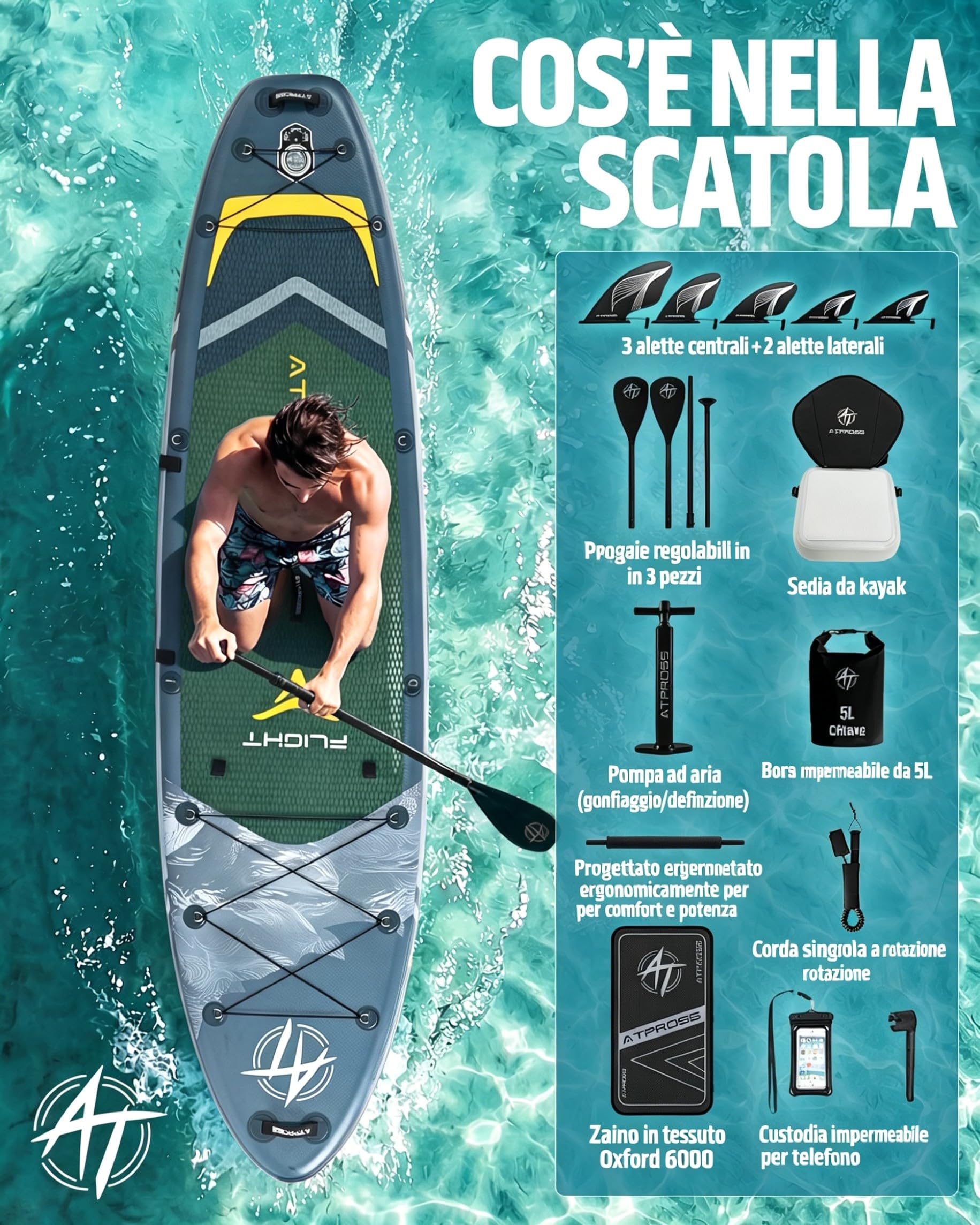 Tavola SUP Gonfiabile con Sedile Kayak e Accessori, 366x92cm Stand Up Paddle Extra Largo e Stabile, Portata 240kg, Canoa Gonfiabile 2 Posti per Yoga, Pesca e Surf