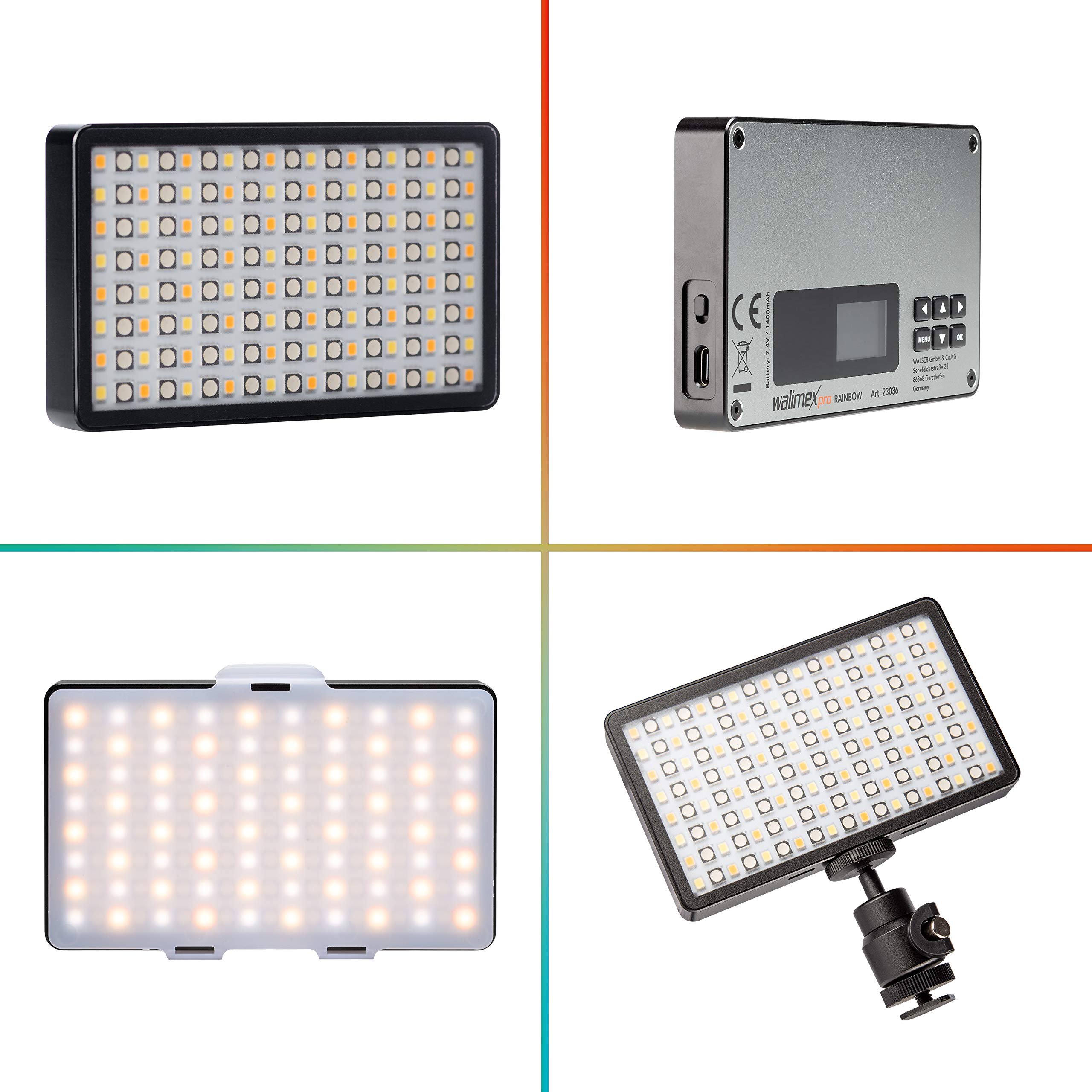 Walimex pro Rainbow Pocket LED-RGB – zdalnie sterowana, kompaktowa i mocna akumulatorowa lampa powierzchniowa z kolorowym i białym światłem dla kolorowych akcentów w fotografii i i filmie