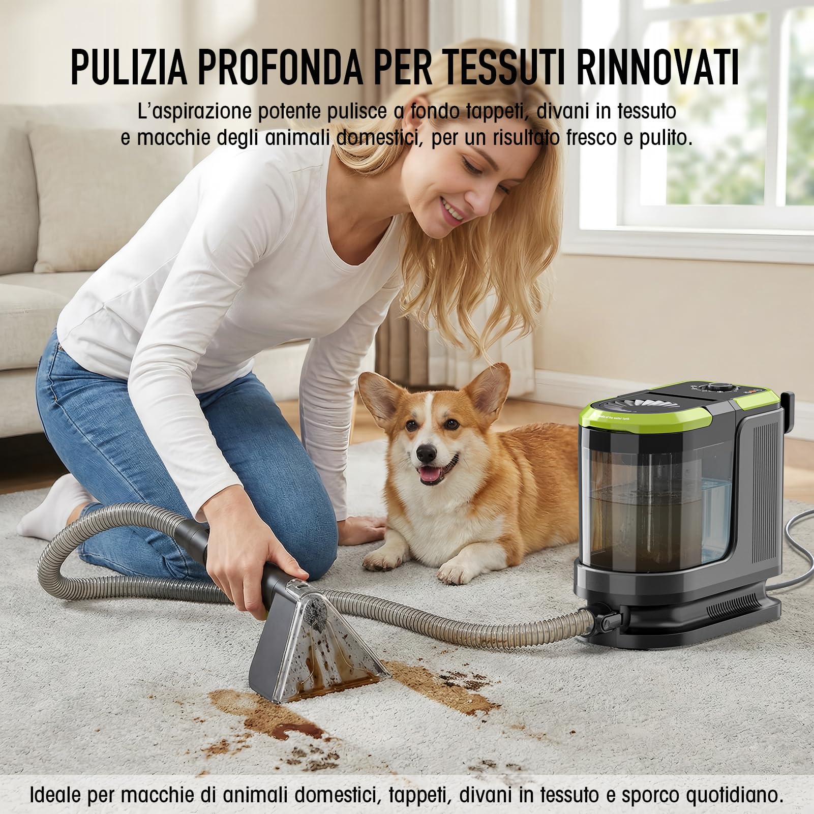 HYCHIKA - lavatappeti e divani lava e asciuga, lava tappezzeria,1.800 W | 17 kPa, lavatappeti pulitore per tappeti, tappezzeria, divano, auto