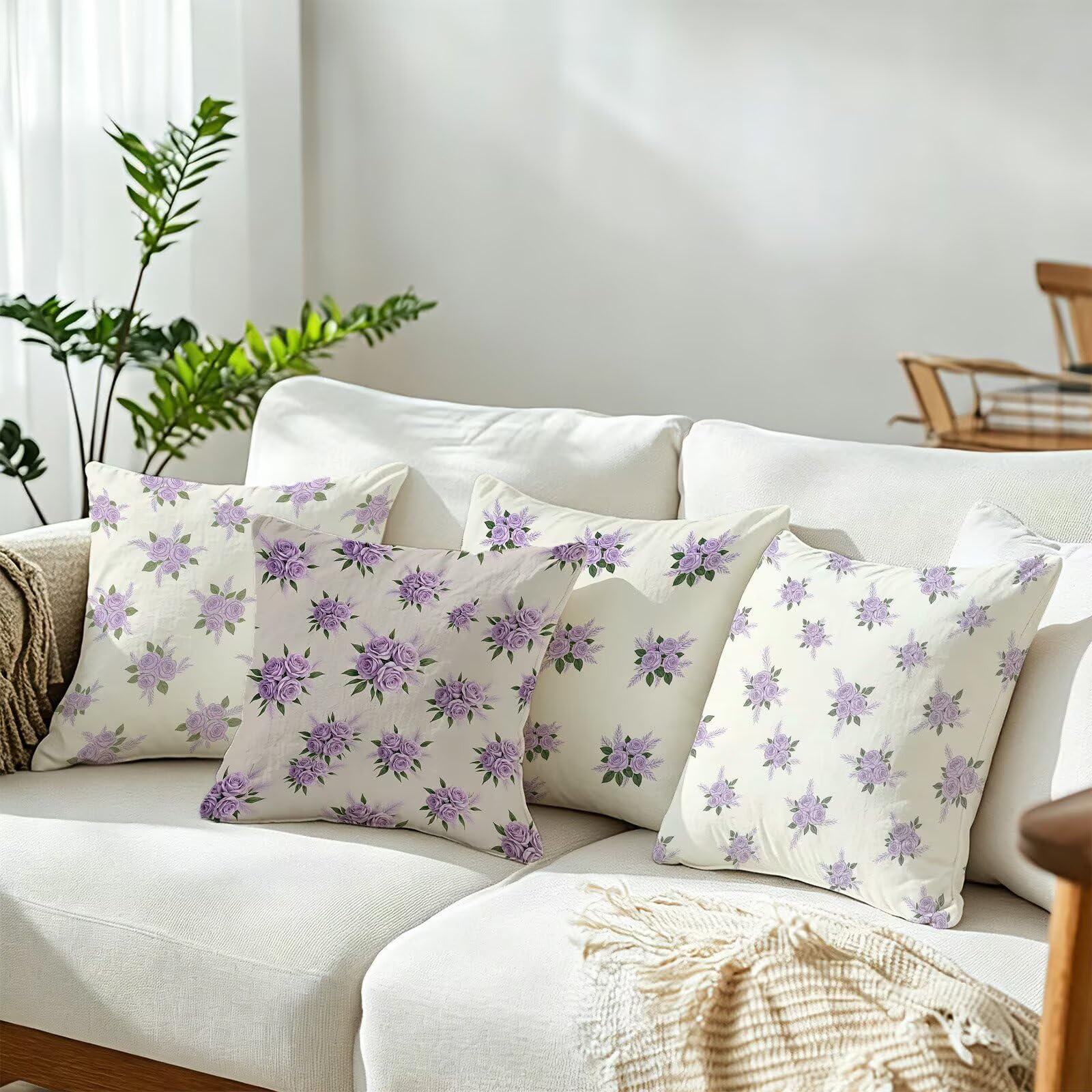 Viola Federe Cuscini Divano 45x45cm, Cuscini da Esterno Set de 4, Cod-48 | Velour Copricuscini Decorativi Letto Arredo, per Letto, Soggiorno, Giardino, Esterno, Casa Decorazione Set di 4 Fiore
