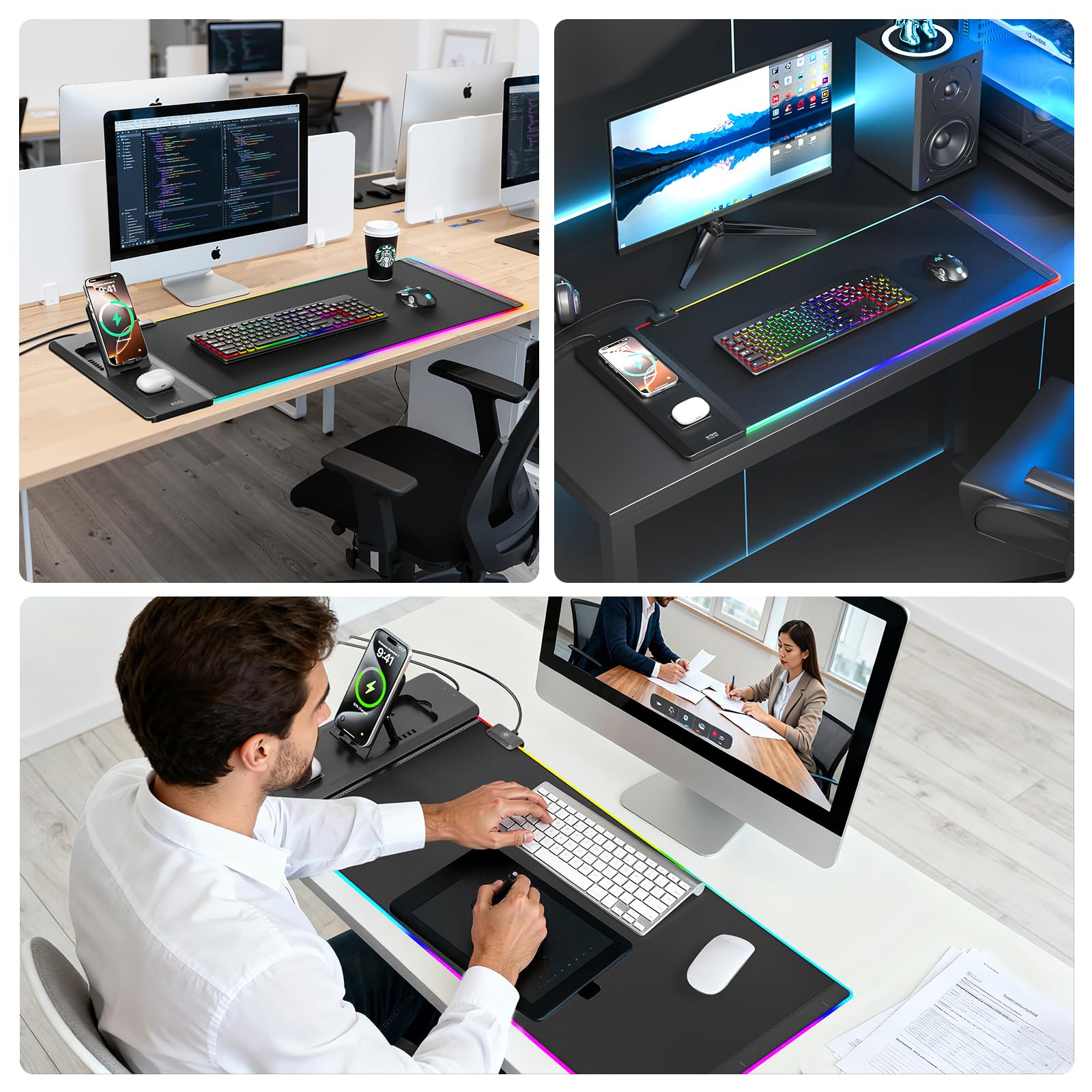 KDD Tappetino per Mouse con Supporto Telefono - Tappetino da Scrivania con Ricarica Wireless Rapida da 15 W - Sottomano da Gioco con Superficie Ultra Liscia, Base Antiscivolo, Accessori da Scrivania