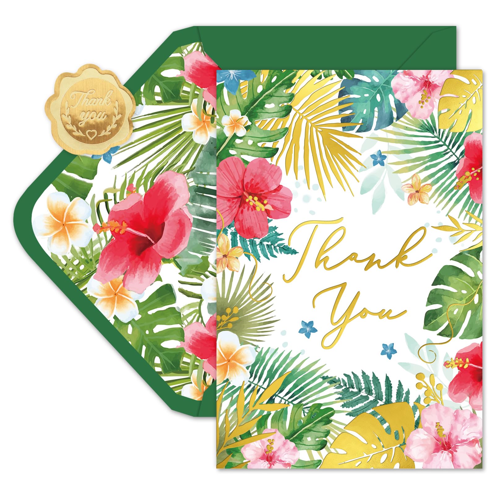 Whaline 24 Pack Hawaiian Thank You Cards Gold Foil Tropical Flowers Leaves Note Cards with Envelopes Stickers Greeting Blank Cards for Summer Party