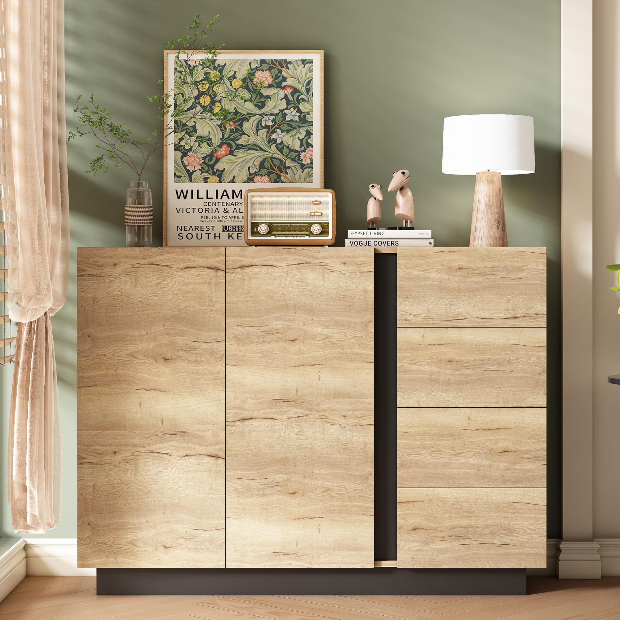 Merax Sideboard Kommode mit 4 Schubladen und Zwei Türen, Schrank 110 cm, Griffloses Design, Buffetschrank mit Großzügiger Stauraum, aus Holz, für Wohnzimmer/Esszimmer, 110x35.5x90.5 cm, Natur&Schwarz