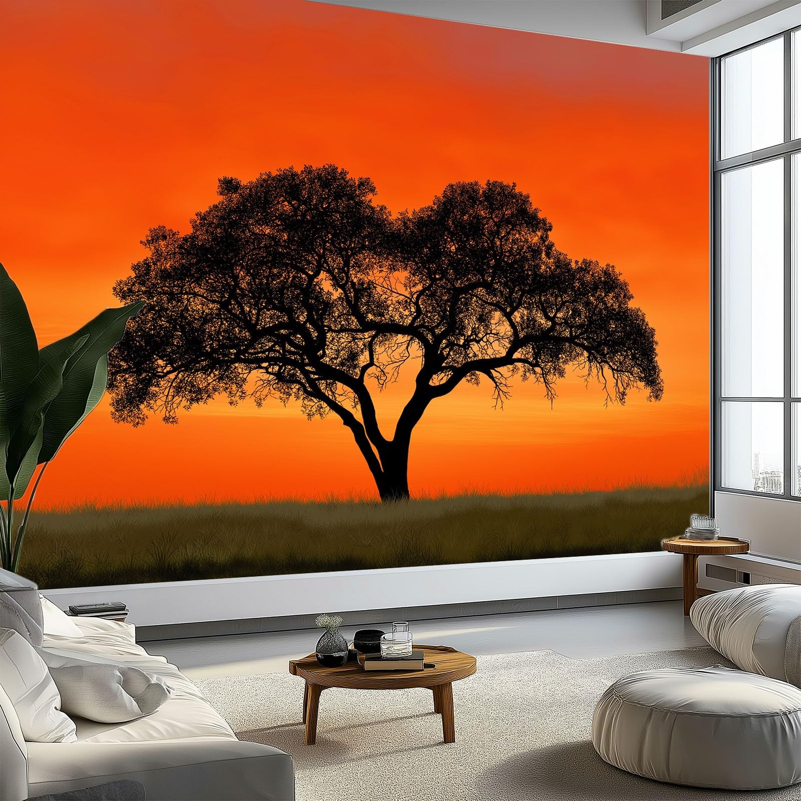 Générique Panoramiczna tapeta Minimalistyczna Krajobraz Drzewa Blask 3D 200 x 140 cm, włóknina XXL Nowoczesna dekoracja ścienna Salon Sypialnia Biuro Pokój dziecięcy, pomarańczowa