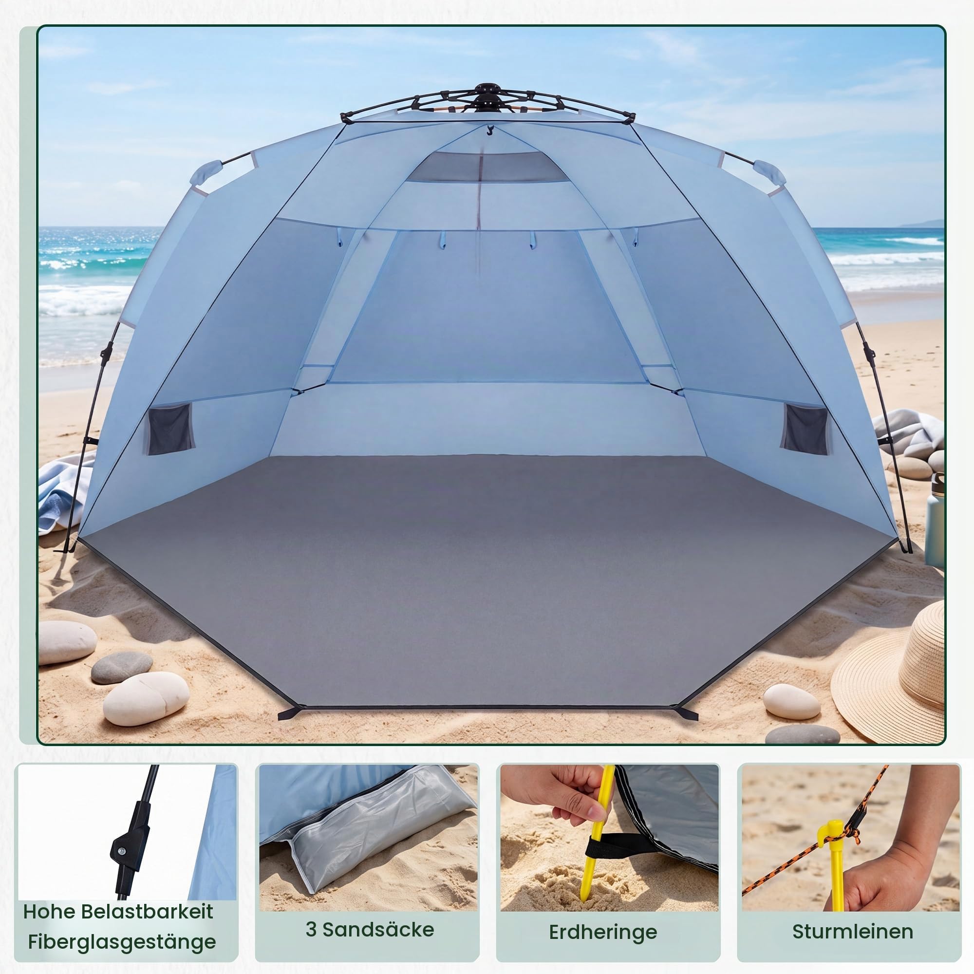 HOMASIS Pop-up Strandmuschel XXL, wetterfestes Strandzelt für 3-4 Personen mit erweiterbarem Boden, Mesh-Fenstern & Tragetasche, UV-Schutz 50+, tragbares Sonnenzelt für Strand, Camping & Hinterhof