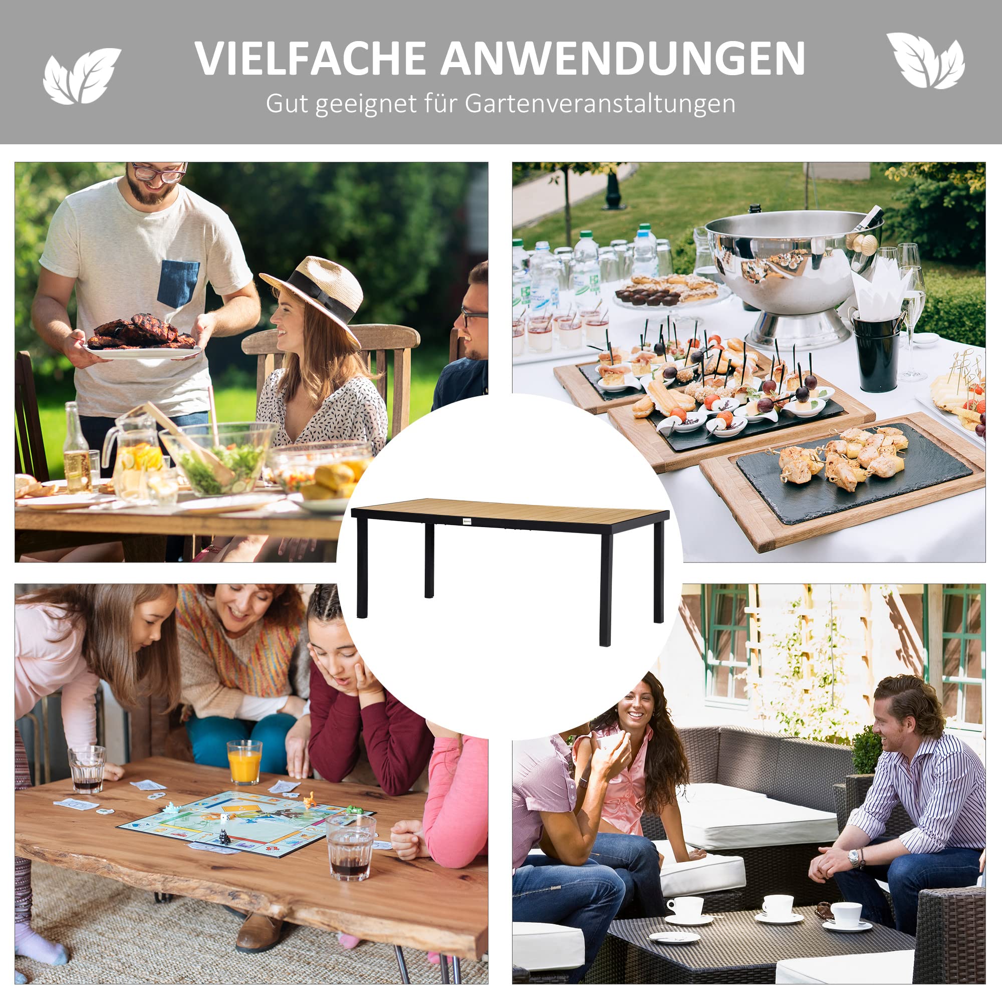 Outsunny Gartentisch für 6 Personen Esstisch Aluminiumtisch Gartenmöbel Loungemöbel pflegeleicht Kunststoff Natur+Schwarz 190 x 90 x 74 cm