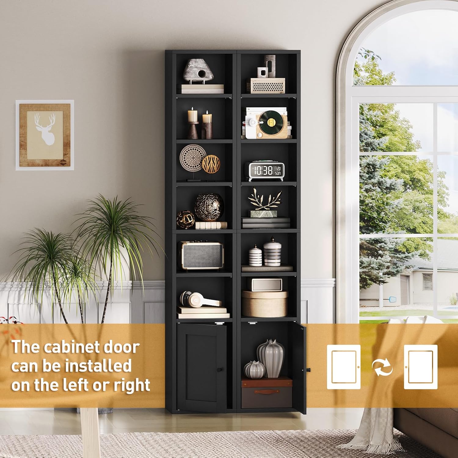 RALGEND 7-Tier Tall Narrow Bookshelf with Door, 11.8 X 9.3 X 70.9 Inches CD DVD Slim Media Tower Rack with Storage Cabinet, Adjustable Shelves, Skinny Bookshelf Display Bookcase for Home Office, Black