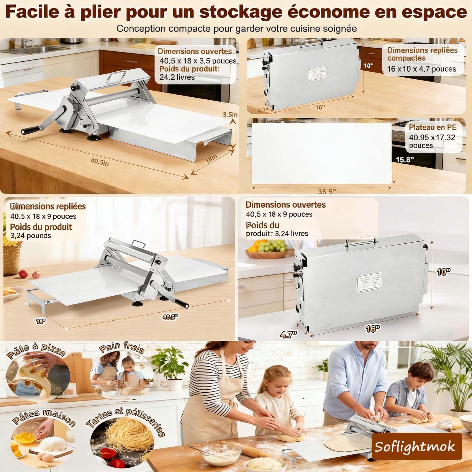 Laminoir à PâTe, Laminoir RéVersible pour PâTe FeuilletéE Et Fondante,Laminoir à PâTe Manuel, éPaisseur RéGlable De 0 à 25mm, Laminoir Pliable pour Boulangeries Et PâTisseries TypeB