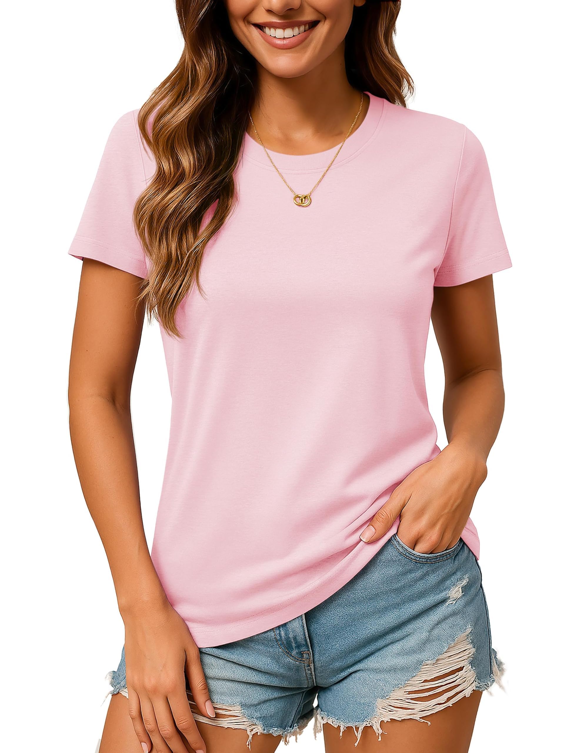 TACVASEN Damen T-Shirt Baumwolle Rundhals Sommer Tshirt Basic Oberteil Lässig Shirt Kurzarm Cotton Einfarbig Tops