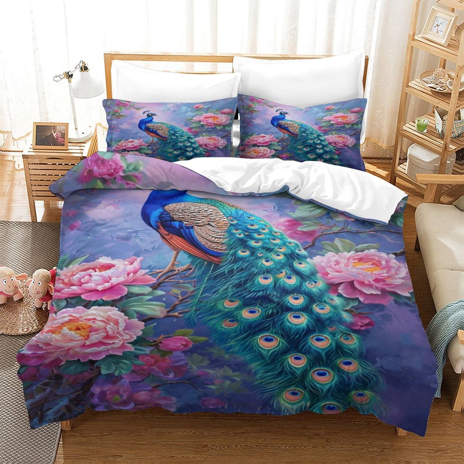 XPASHIQWC Peacock 3 Pieces 3D Printed Comforter Cover Set Peony Flowers with Pillow Cases Microfiber for Modern Bedroom Decor King（220x240cm）