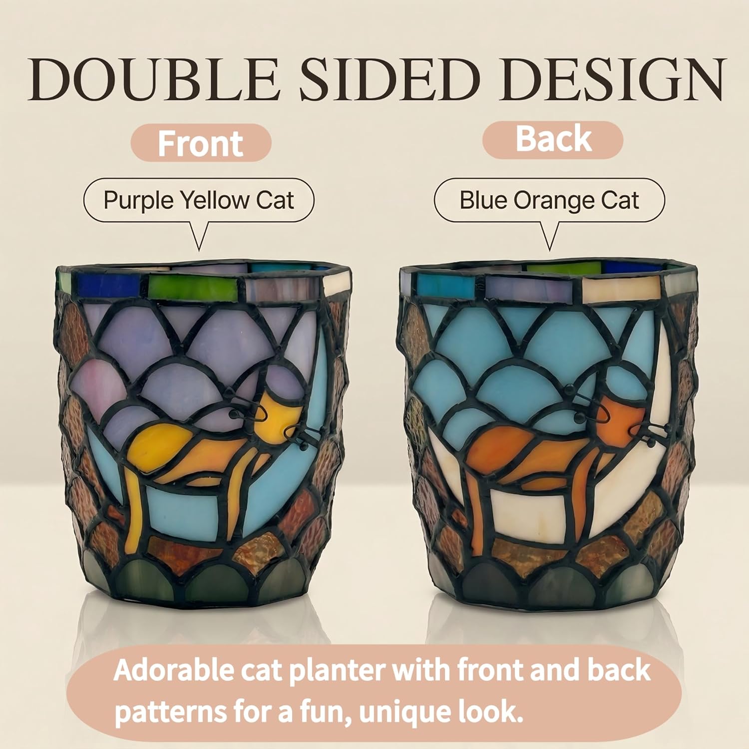 Stained Glass Hanging Cat Planter Pot, Orange Sleeping Cat Small Hanging Plant Pots Indoor, Blue Moon Flower Pot Plant Gifts