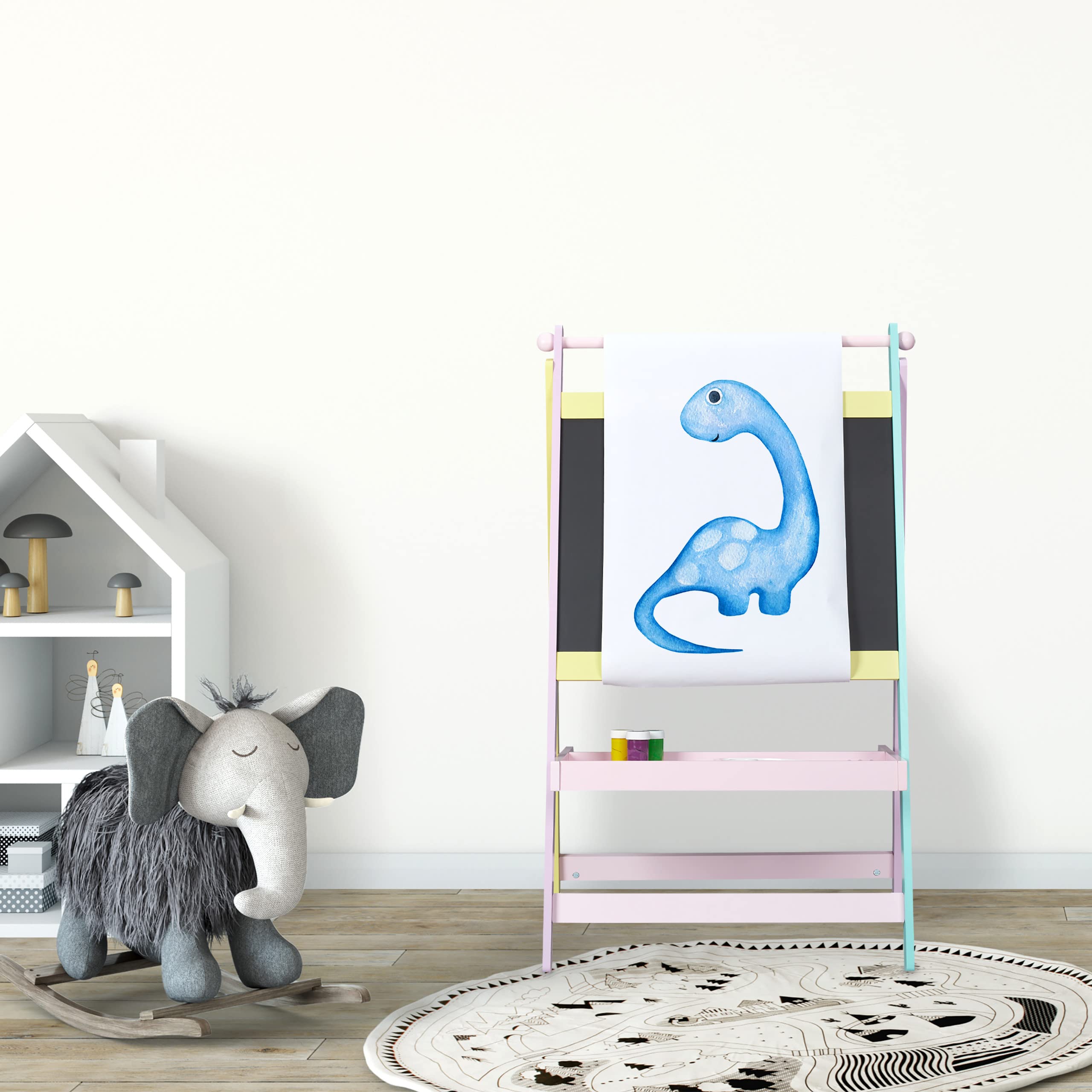 Relaxdays Pizarra Infantil Diseño Ceras, 2 en 1, Rollo de Papel, Pintar, Dibujar, Tablero Tizas, 90x56x42 cm, Multicolor