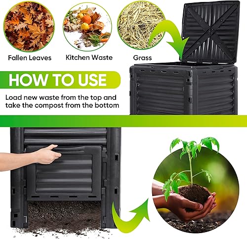 Miniatura 5 de Contenedor de compost de jardín de 80 galones (300 L) de material libre de BPA, fácil de montar, gran capacidad, aireación de caja de abono al aire
