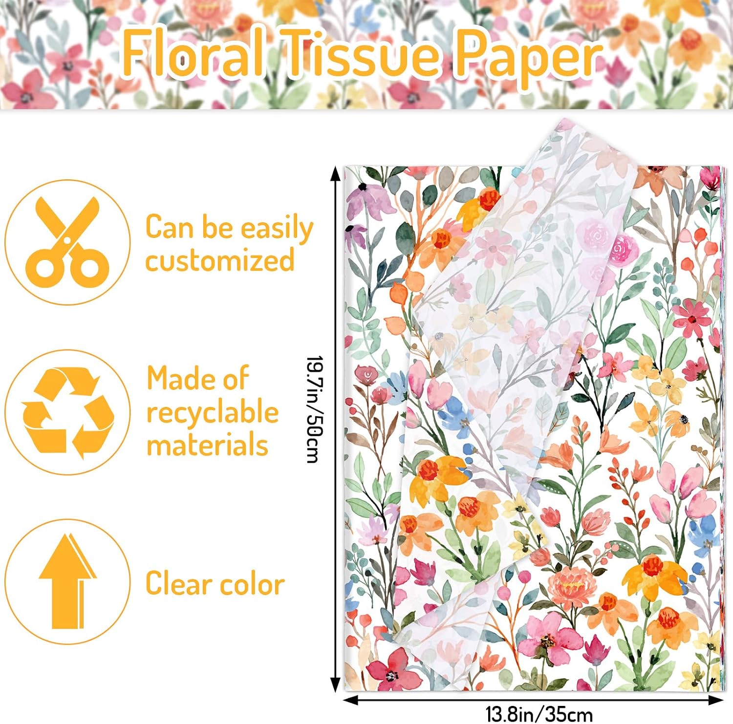 Whaline 100 Sheets Floral Tissue Paper Watercolor Spring Summer Flowers Gift Wrapping Paper - 13.8 x 19.7 Inch - Colorful Wildflower Art Craft Tissue for Wedding Birthday Baby Shower Party Decor