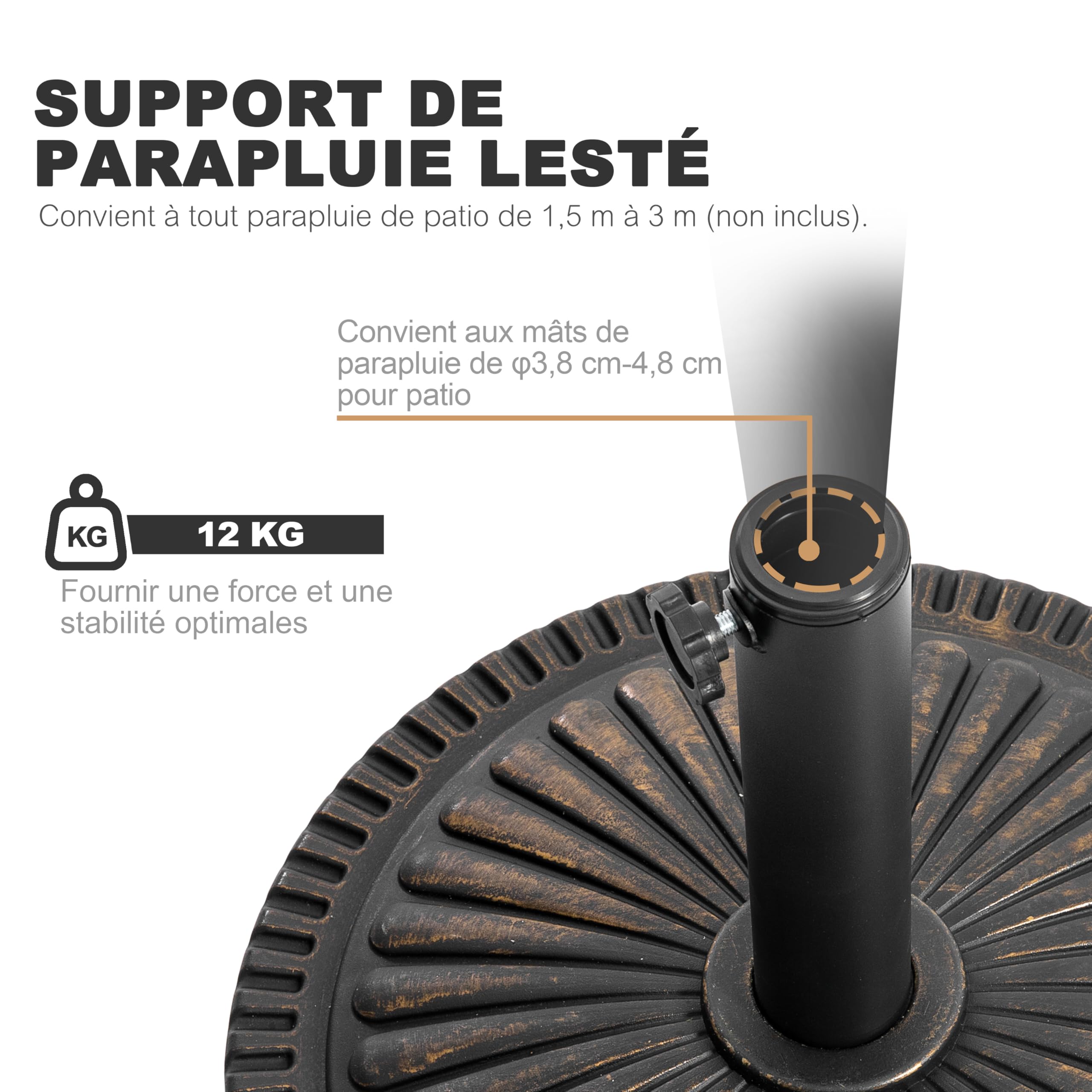 Avestar 15 kg Pied de Parasol Rond pour l'Extérieur, Socle Lesté avec Bouton Rotatif pour Mâts de Parasol Ø38-48 mm, Adapté pour Le Jardin, la Terrasse, Noir avec Bord Doré