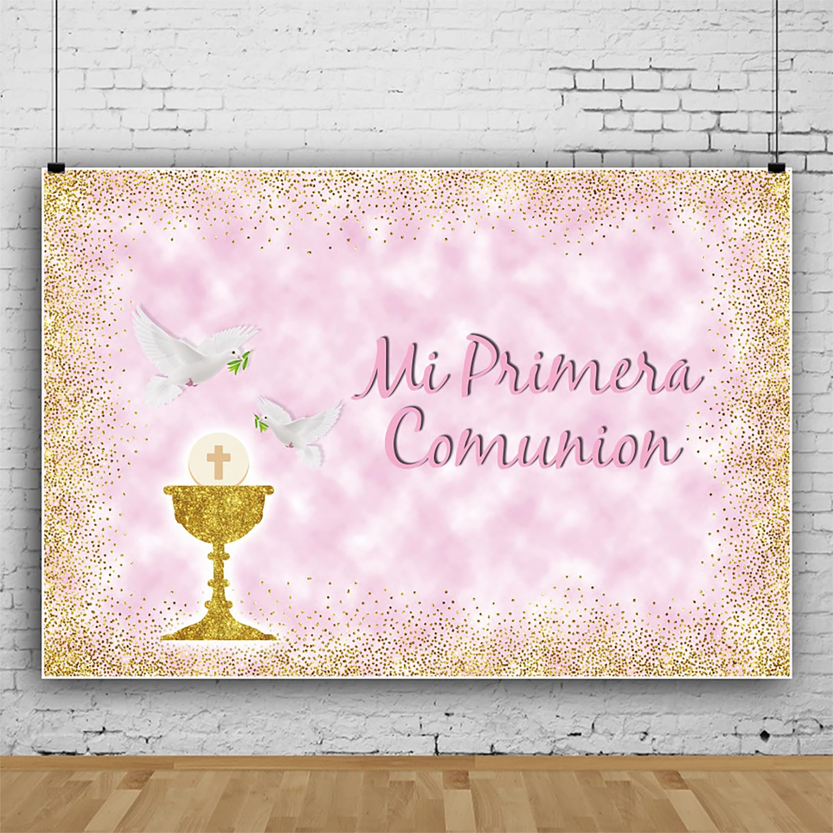 3,5x3m Mi Primera Comunion Fondo Palomas Primera comunión Bautismo Fotografía Fondo Rosado Oro Puntos Bautizo Baby Shower Telones de Fondo Foto Estudio Accesorios, Vinilo