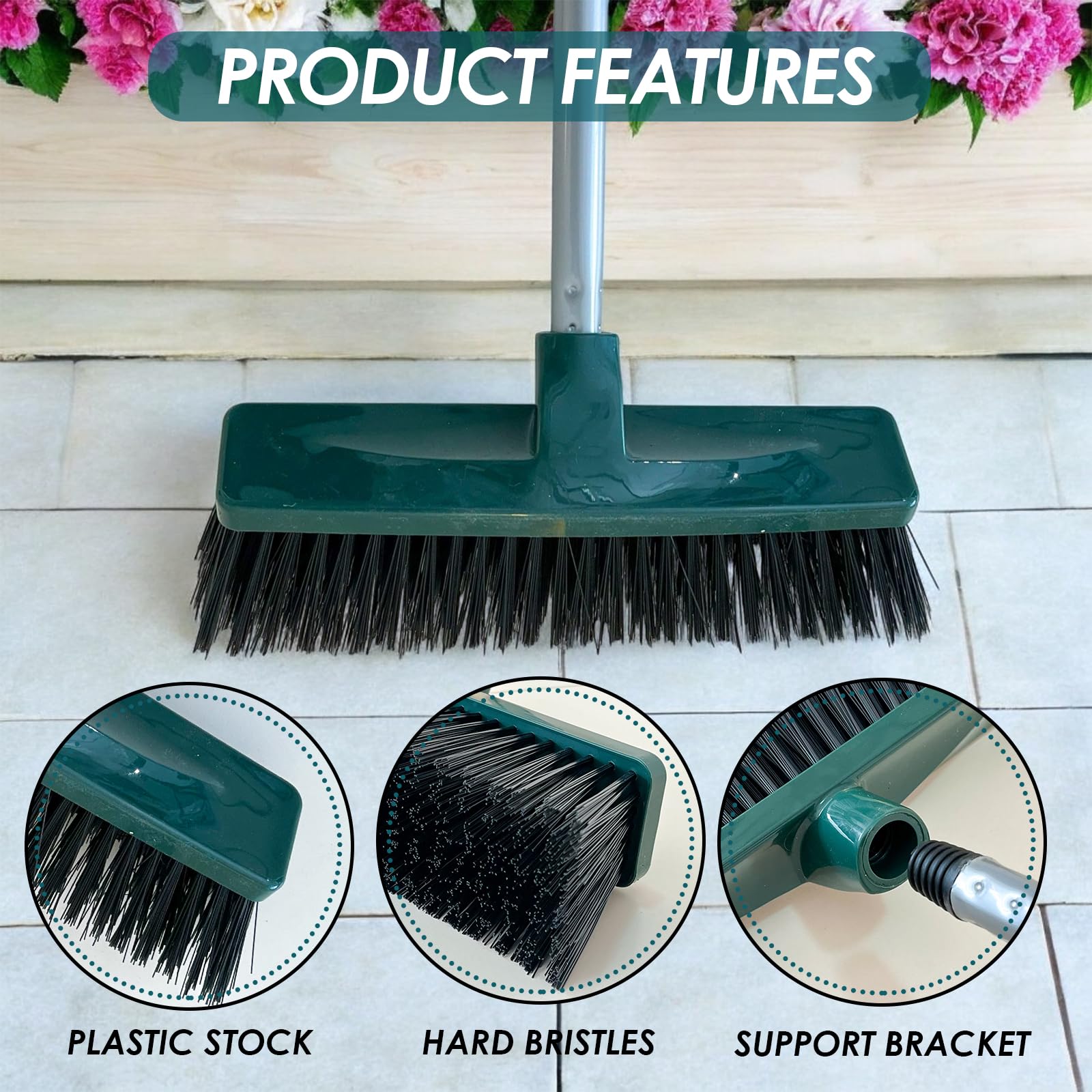 EDS 12'' Yard Broom Outdoor Heavy Duty Garden Brush with 120cm Long Strong Handle Hard Bristle Yard Brush for Cleaning Gardens Yards Decking Pathways Driveways (PACK OF 1) - Image 3
