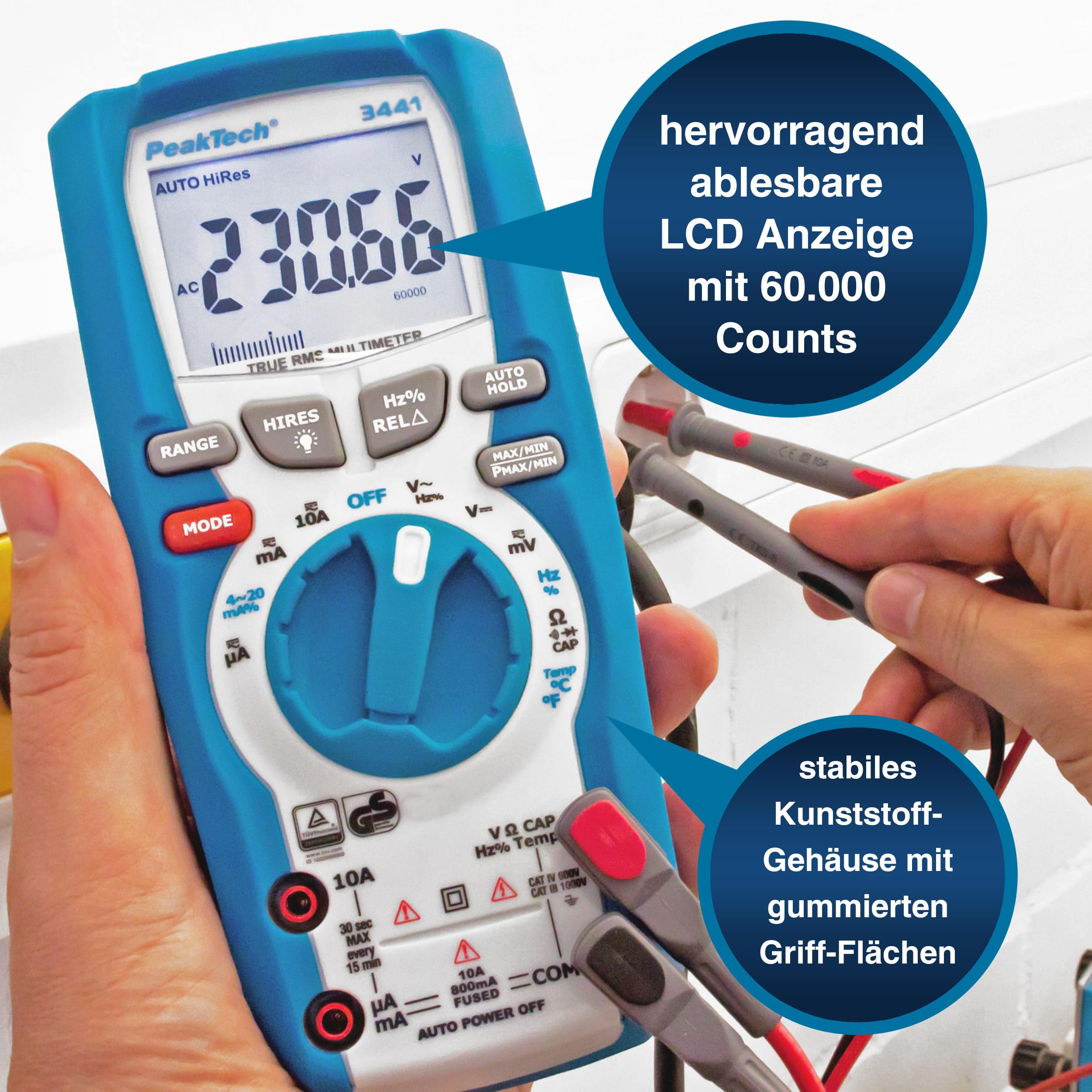 PeakTech P 3441 – True RMS Multimeter Digital für Elektriker mit 60000 Counts, Profi-Handmultimeter für elektrische Leitungen,TÜV/GS,Durchgangsprüfer,Voltmeter,Strommessgerät - CAT III 1000 V,Blau