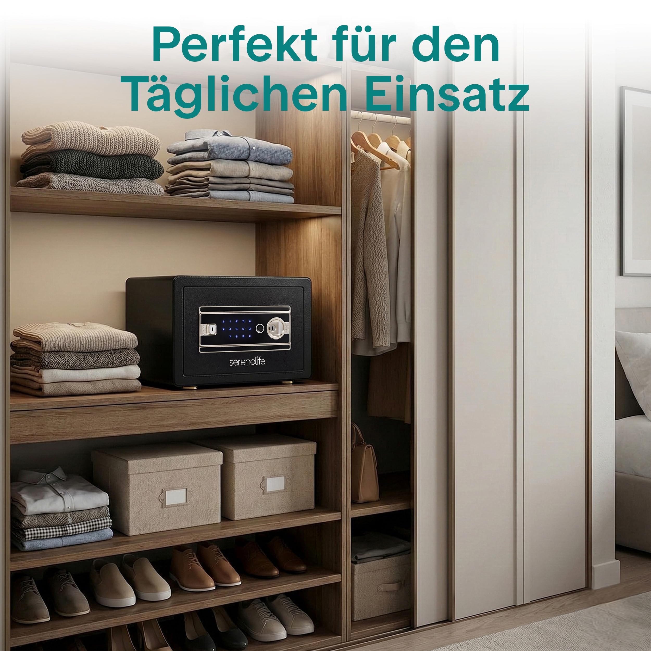 SereneLife 18L Tresor, Safe Für Zuhause Feuerfest & Wasserdicht, Digitaler Heimtresor mit Zugriff per Fingerabdruck, Möbeltresor mit Code & Schlüsseln, Safe Box für Wertsachen, Bargeld, Schmuck, Gold