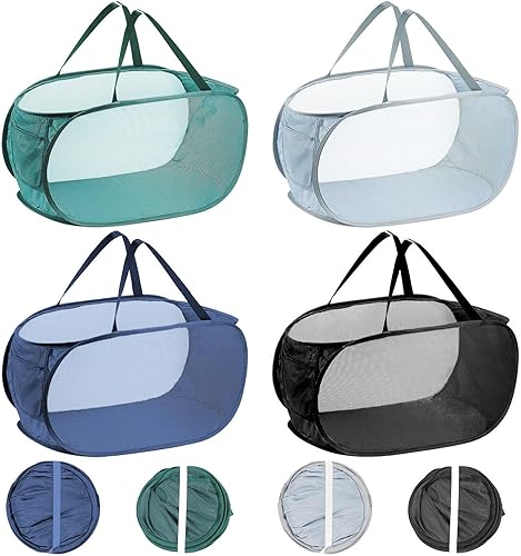 Miniatura 8 de 2 cestas de malla para la ropa sucia, canastas plegables para la ropa sucia, de 75 litros, cesta de almacenamiento horizontal con bolsillo lateral y