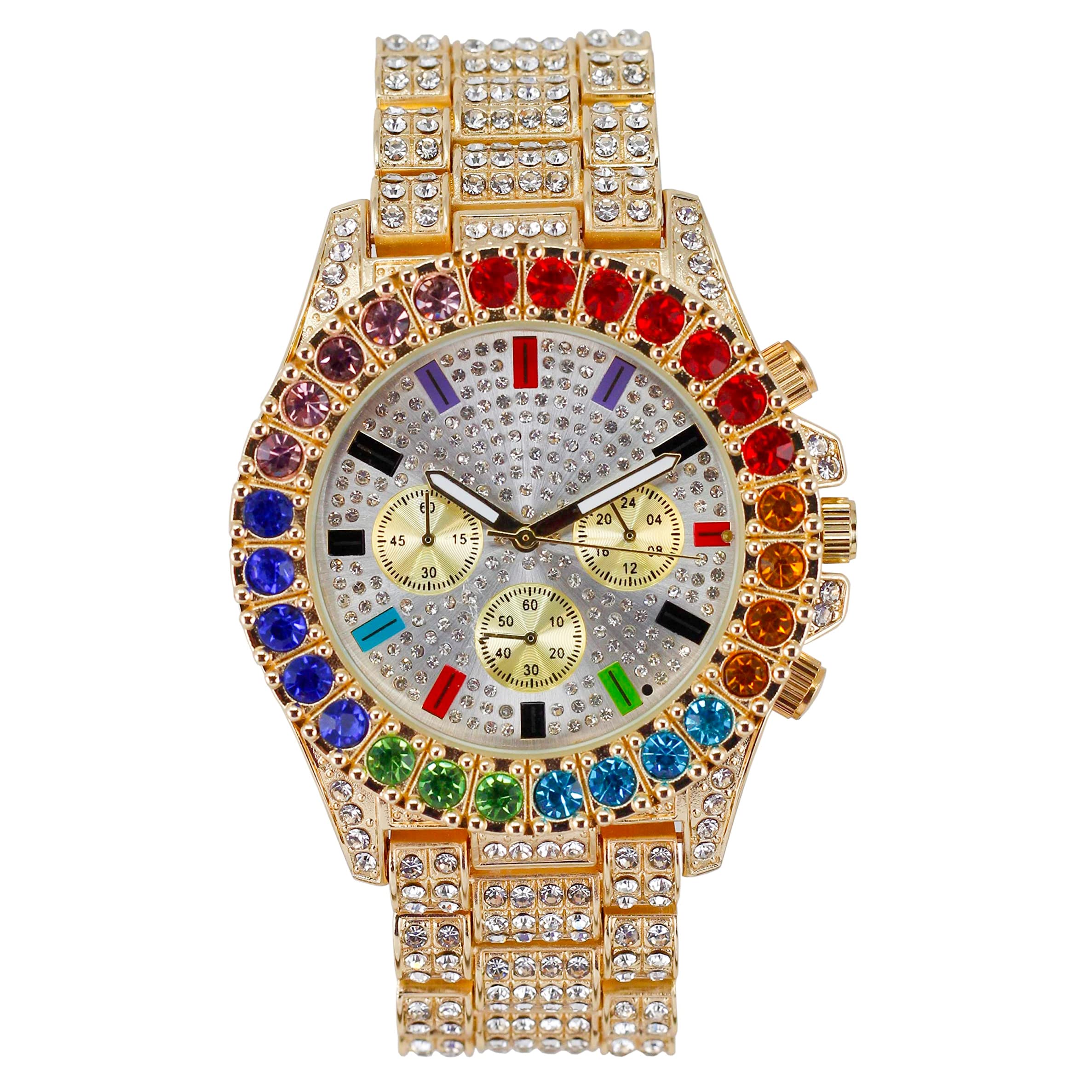 Bling-ed Out Round Metal Mens Color on Blast Watch with Diamond Time Indicators - Ice on Fire!!! - ST10327DxxS