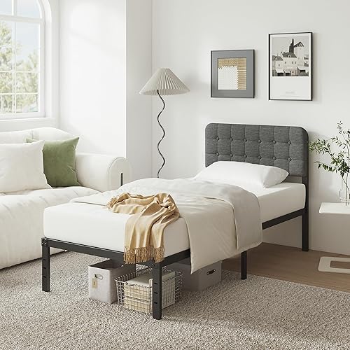 Miniatura 11 de Base de cama individual con cabecero, marcos de cama individual de 14 pulgadas, no necesita somier, soporta hasta 2500 libras, sin ruido, fácil de