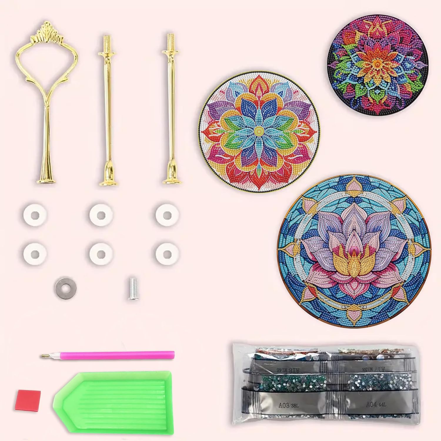 Three-Tier Diamond Painting Wooden Cake Stand DIY Sunflower Diamond Painting Cupcake Towel-Lined Tiered Tray Reusable Pastry Stand (Datura Flower)