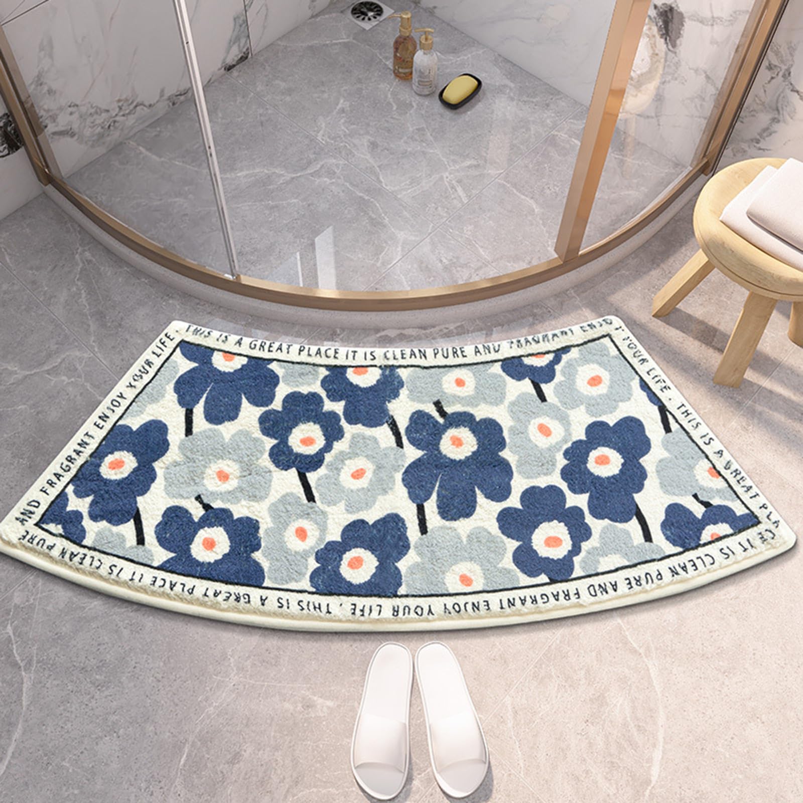 UVCMDUI Corner Shower Mat for Outside Shower, Super Absorbent Curved Bath Mat, Non-Slip Curved Shower Mat, Soft Flower Bathroom Rug for Home Hotel, Machine Washable,Blue,40x75CM(17.7x29.5IN)