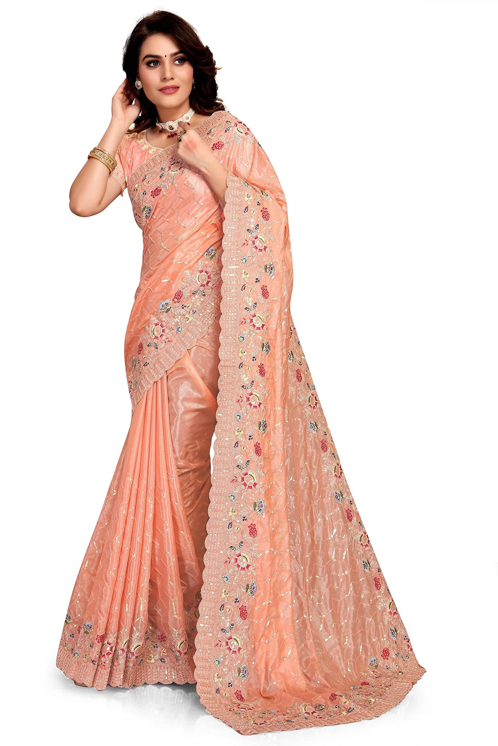 CRAFTSTRIBE Georgette Saree Party Wear White Sari with Unstitched Blouse Piece