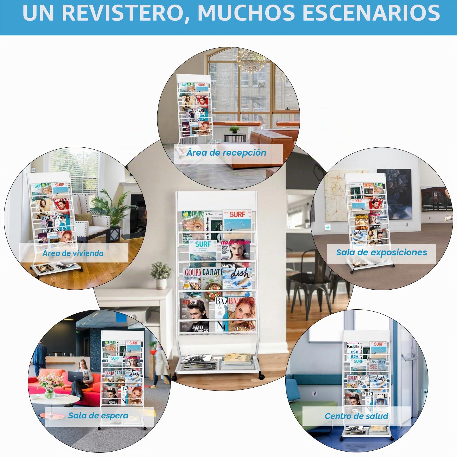 SUNDOY Soporte para folletos y revistas – Soporte inclinado para libros y revistas con 4 estantes (blanco, 4 capas, 59,5 cm de ancho)